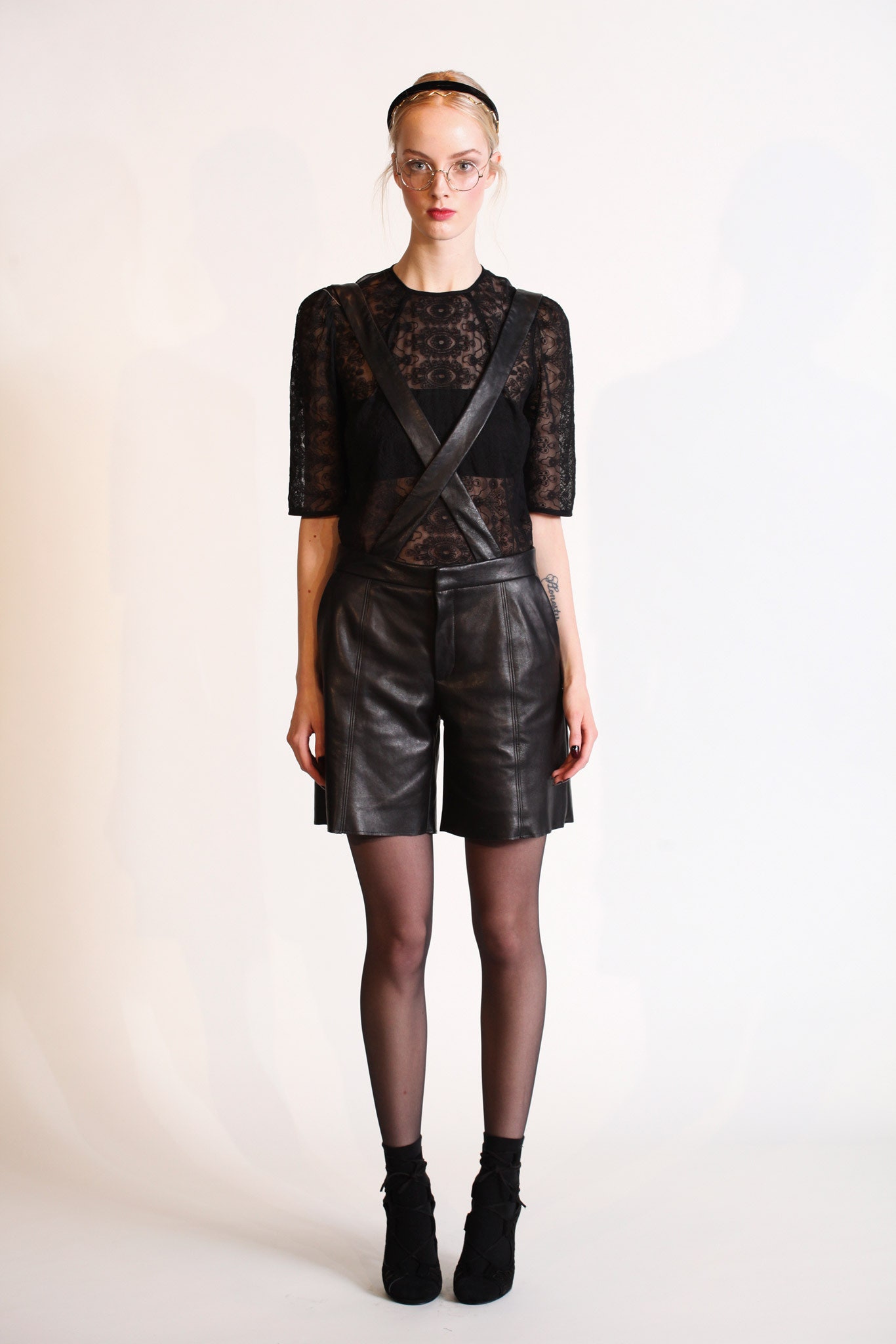 sheer lace top with leather shorts