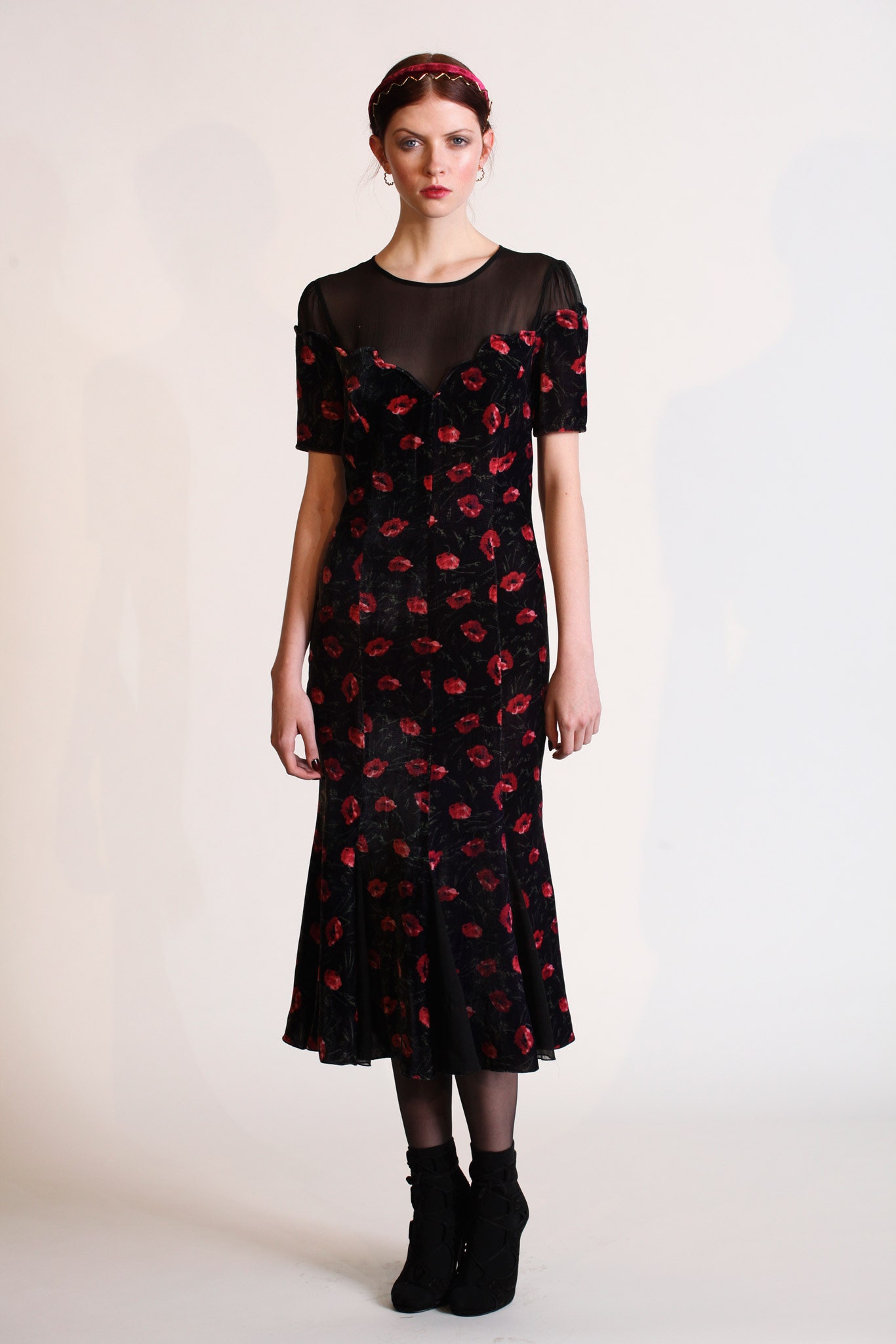 black velvet floral illusion maxi dress