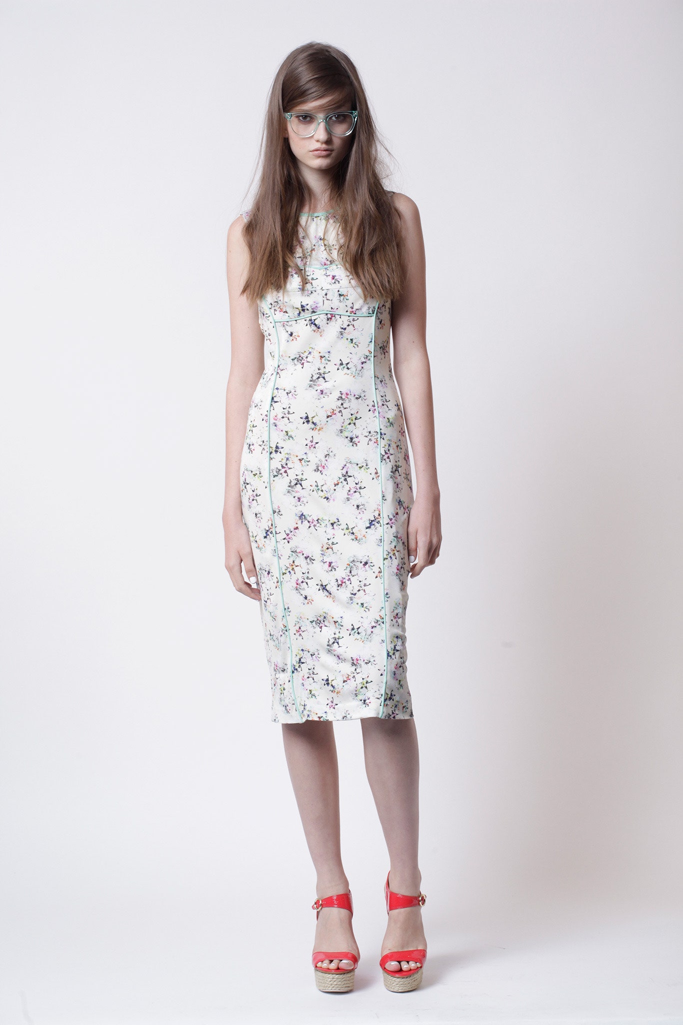 ivory unknown sleeveless high-neck fitted floral panelled midi-dress