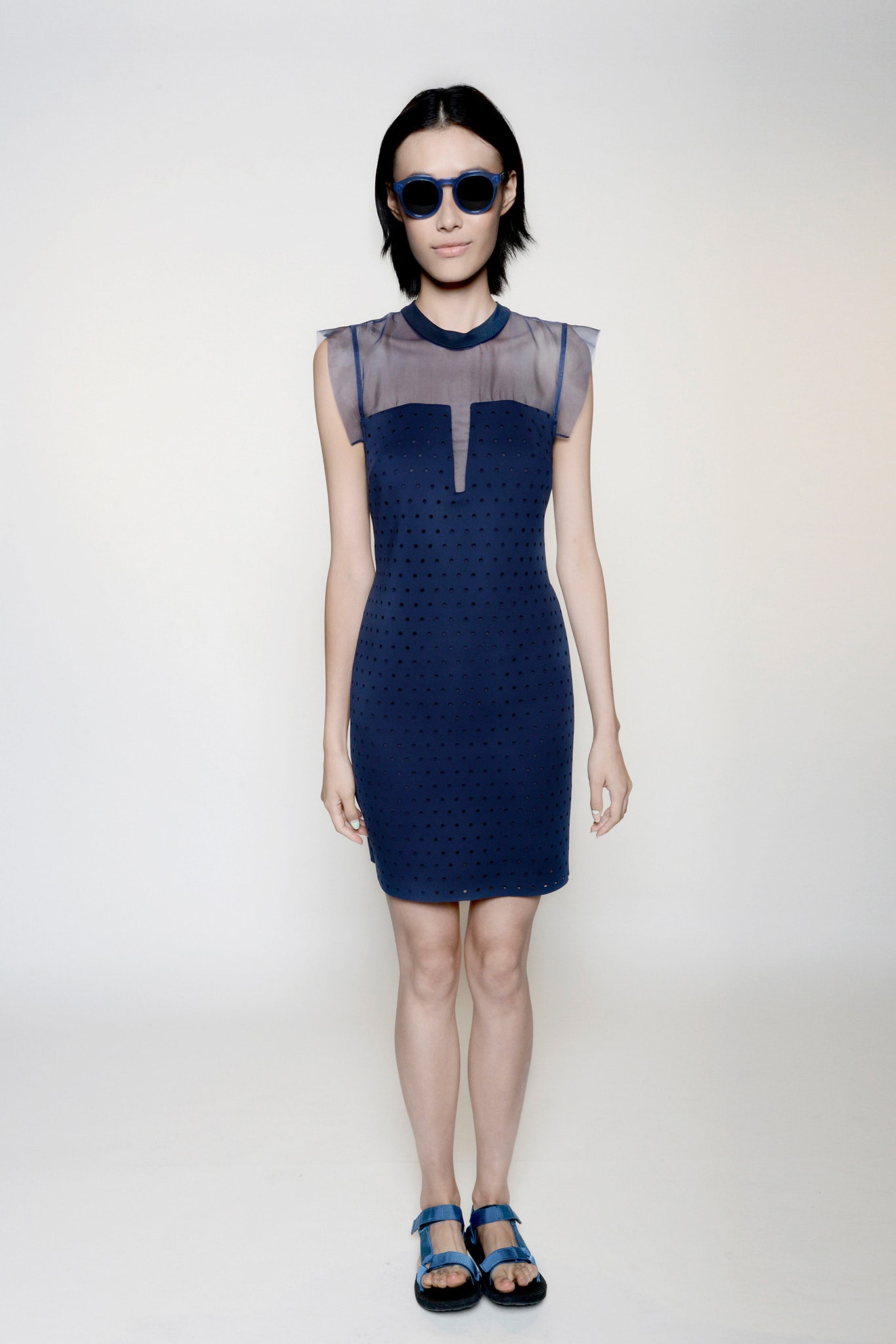 blue perforated illusion-yoke mini dress