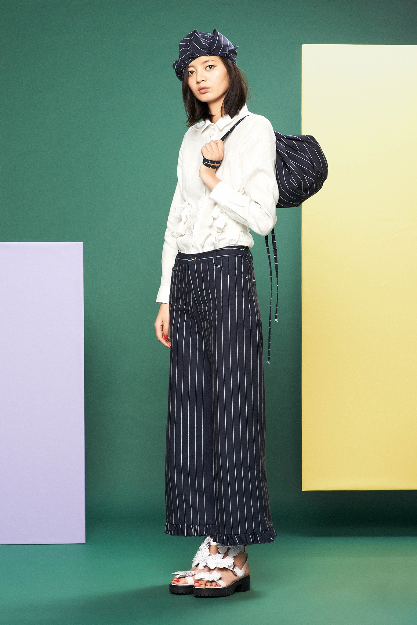 blue unknown high-waisted pinstriped wide-leg pants
