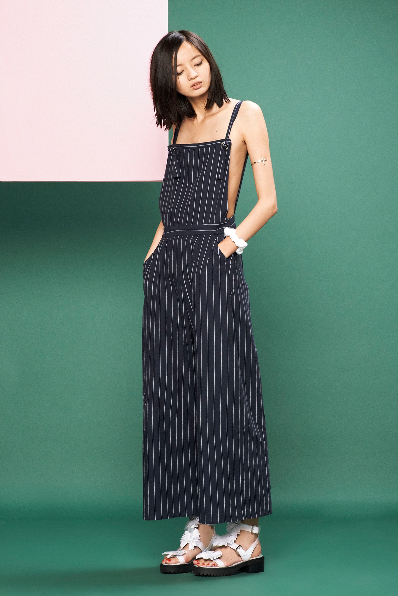 black pinstriped wide-leg jumpsuit