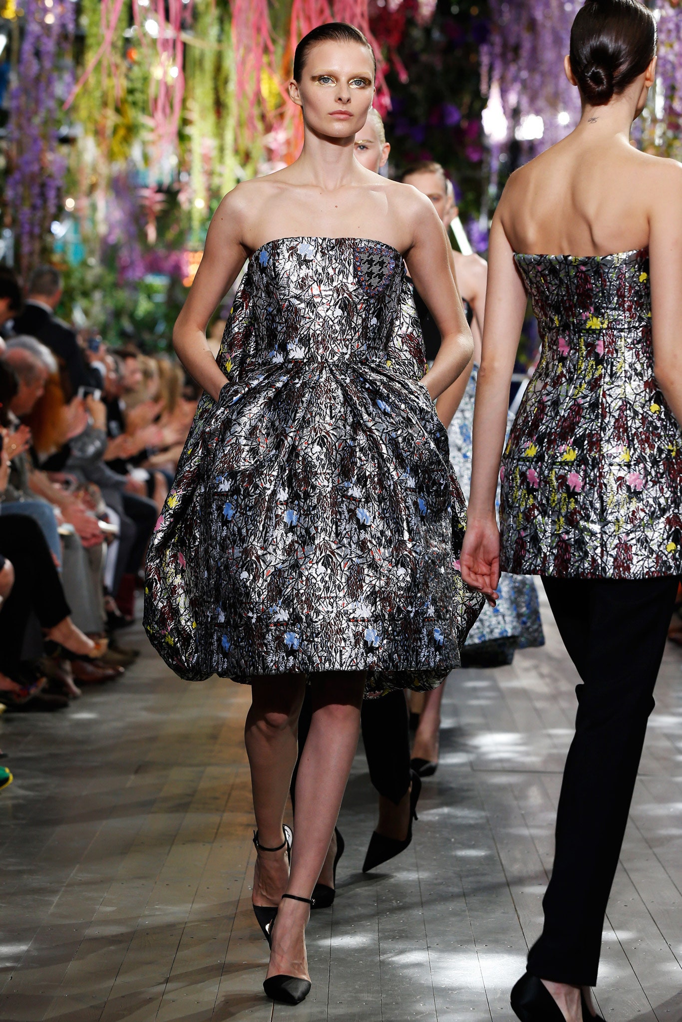 black brocade strapless printed pockets textured mini mini-dress