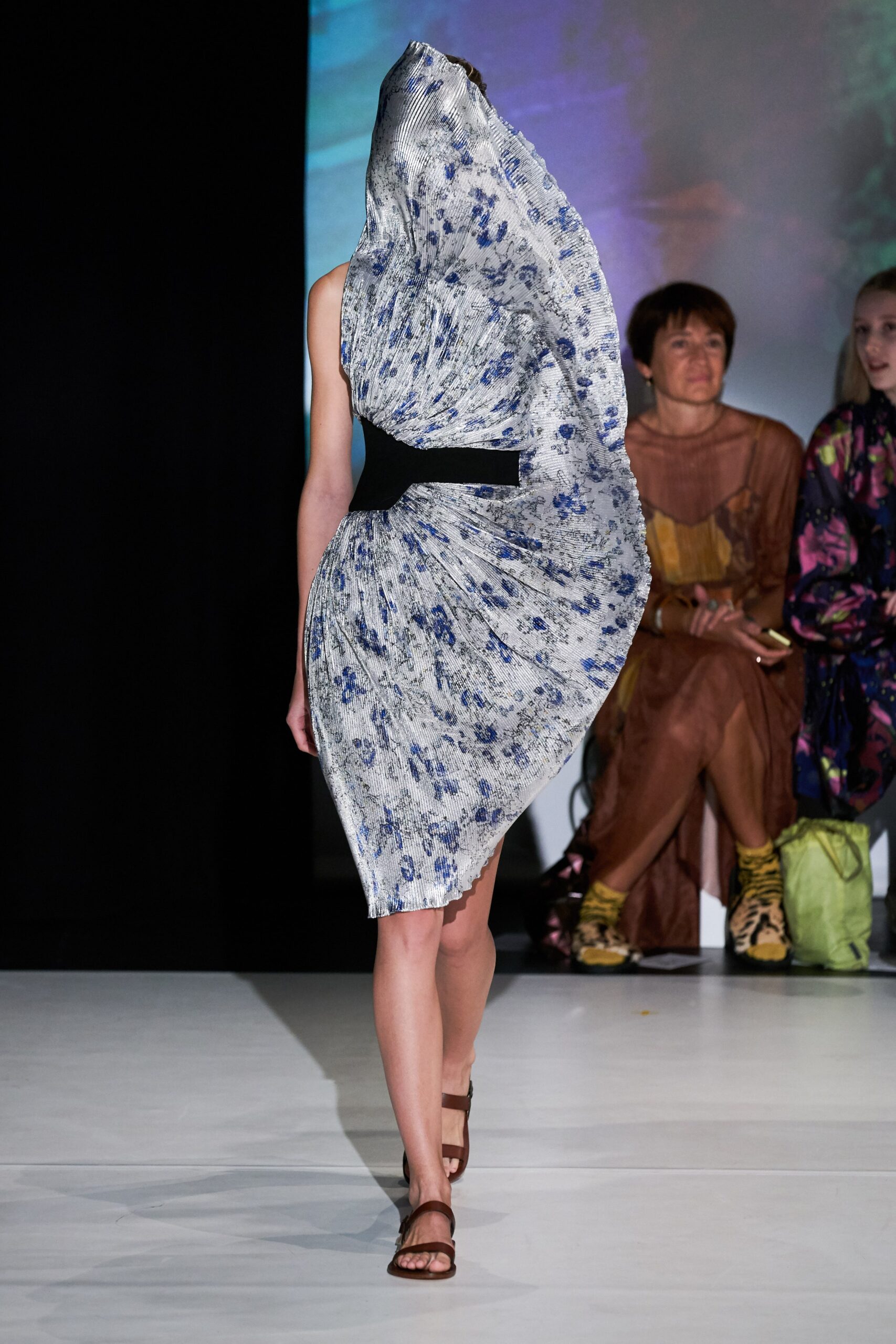 sculptural one-shoulder printed mini dress