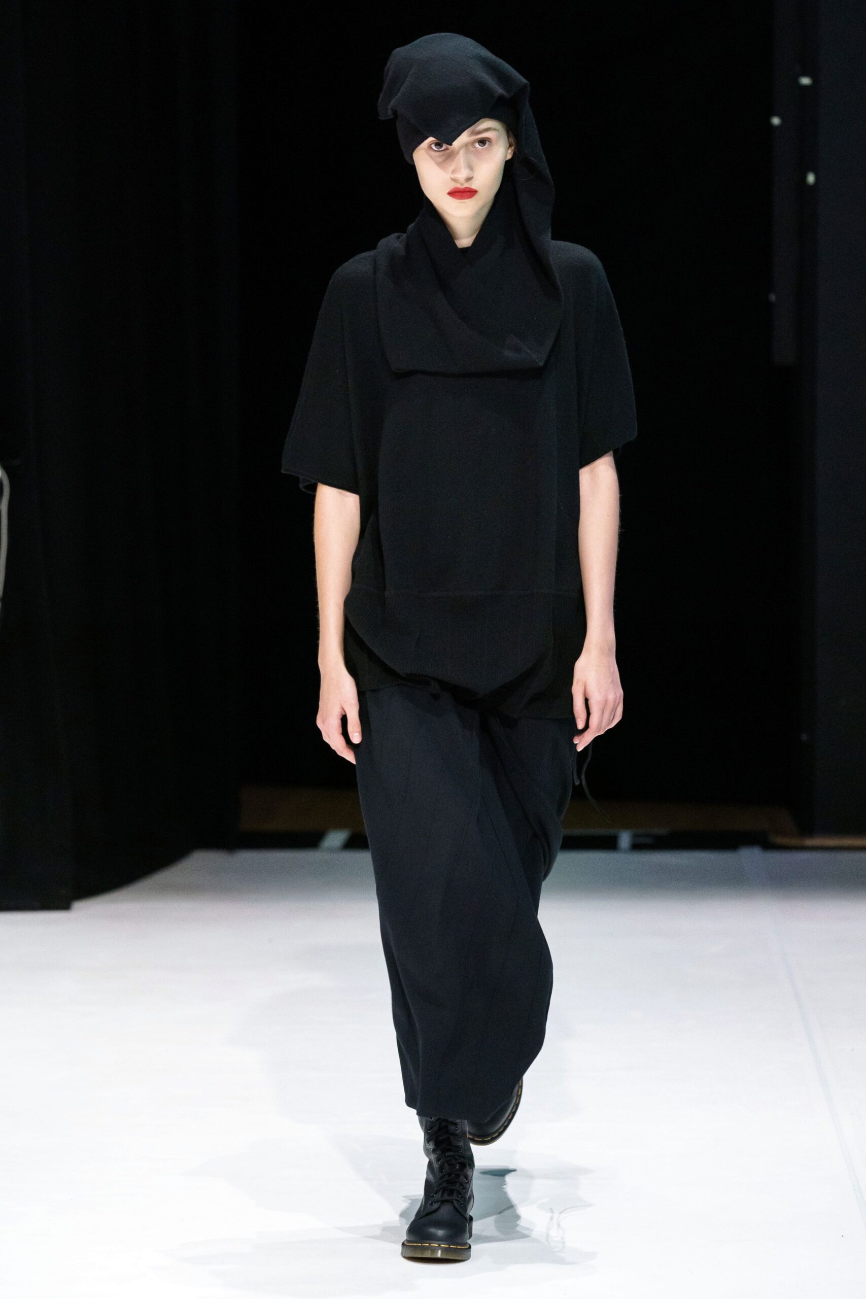 black draped cowl-neck tunic top