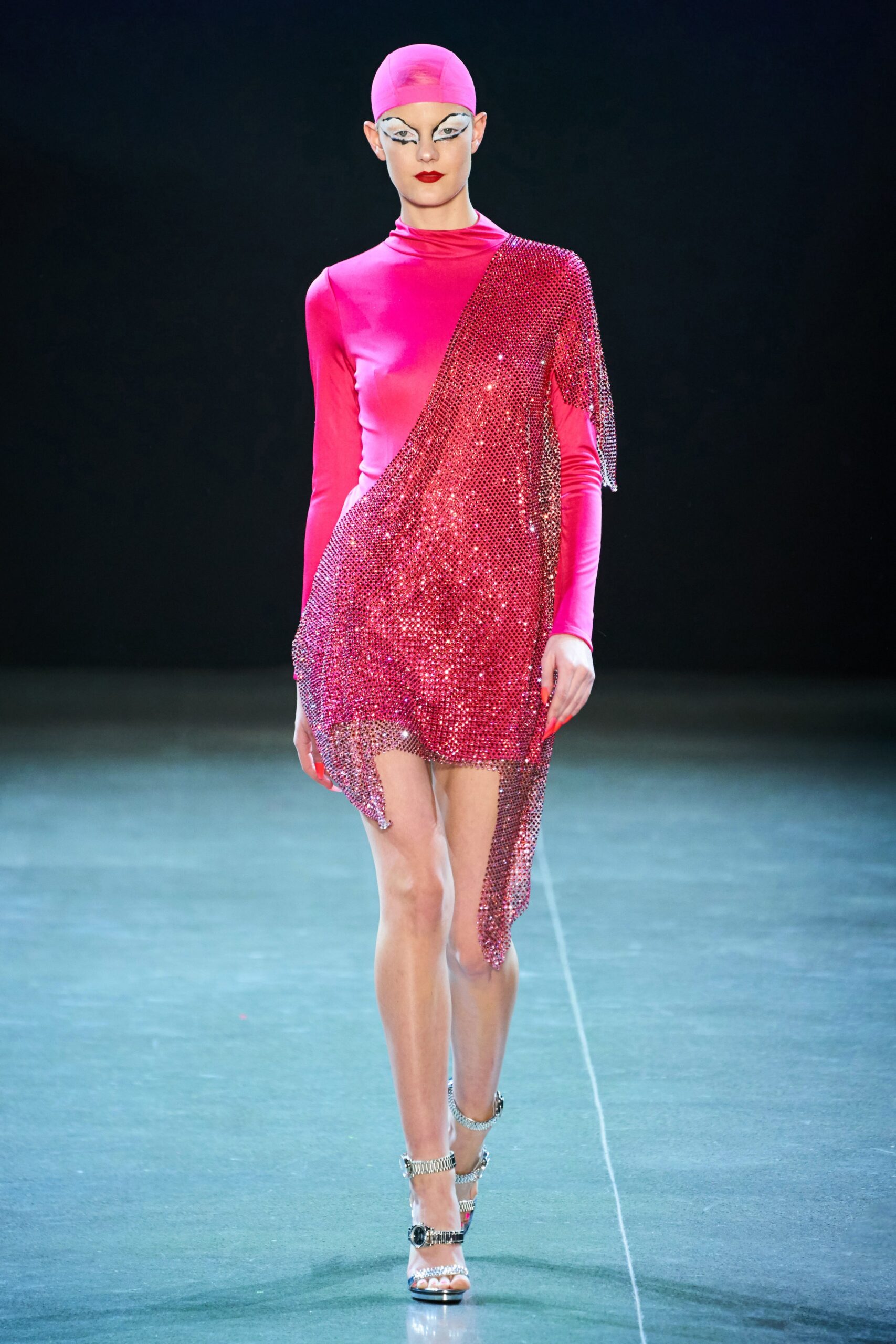 pink jersey long-sleeve high-neck fitted draped embellished mini-dress