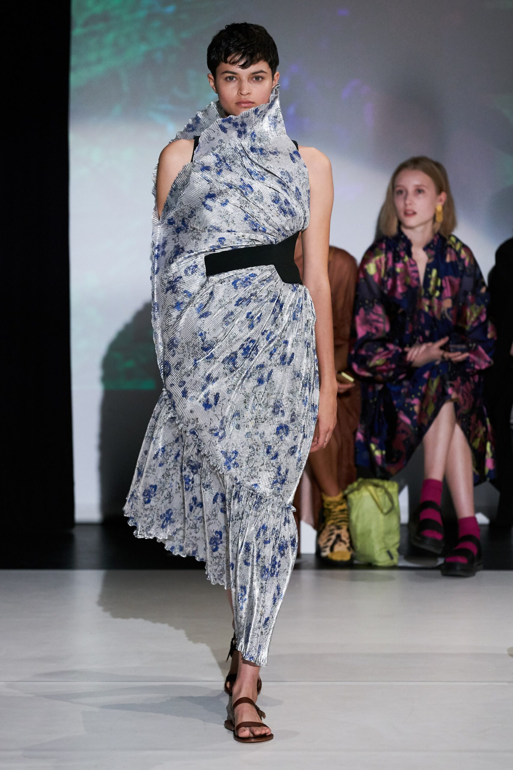 sculptural metallic floral pleated dress