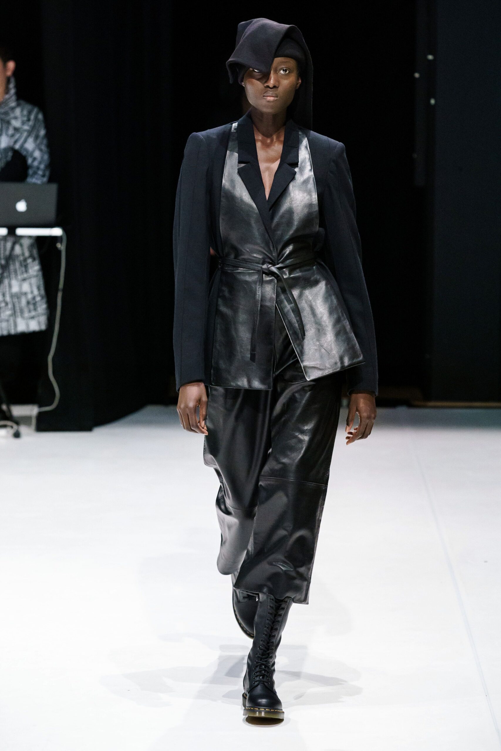 black leather belted jumpsuit