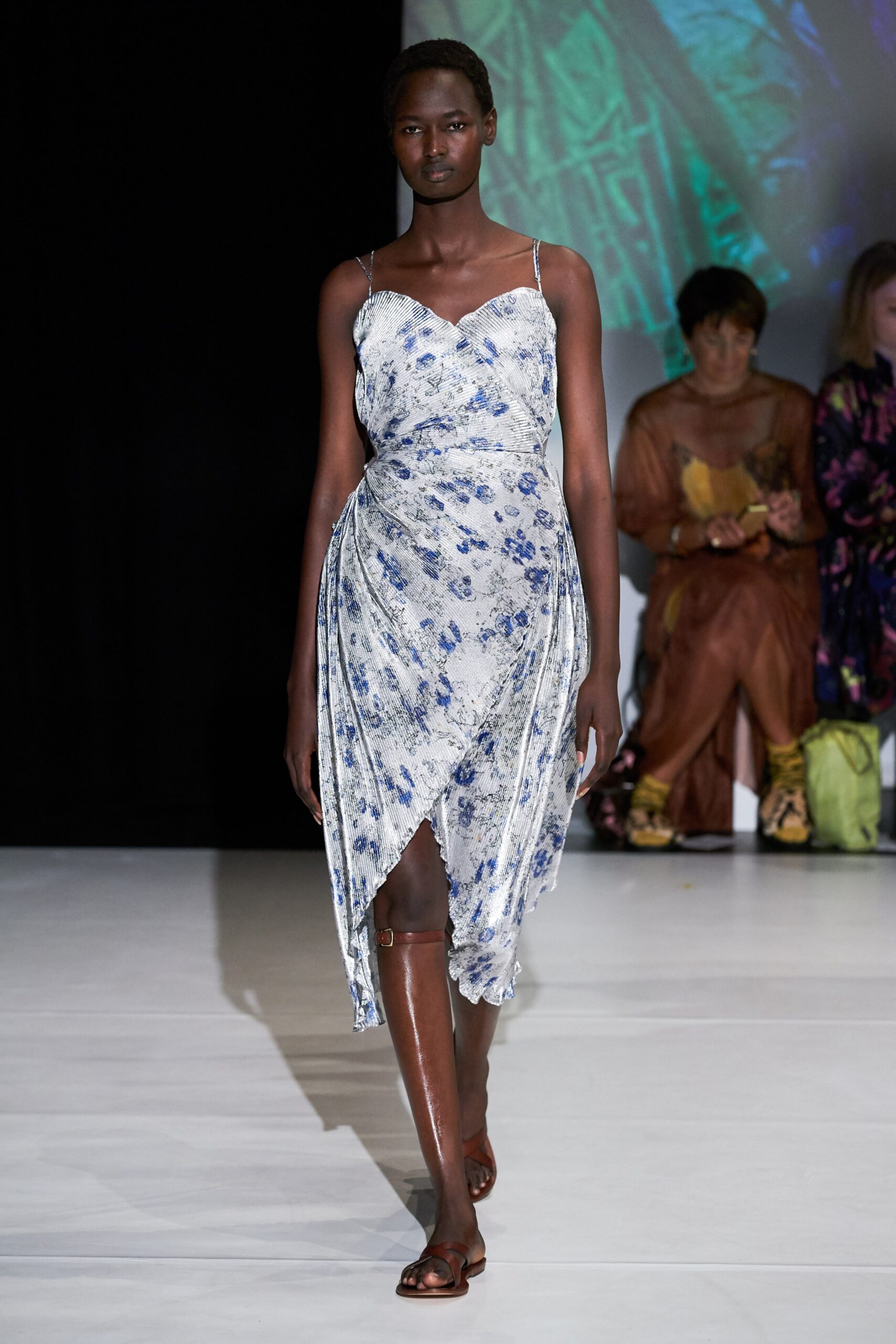 blue floral draped midi dress