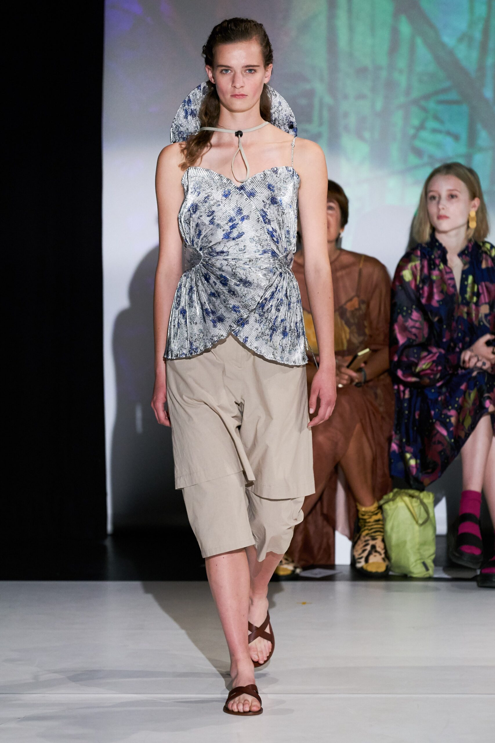 metallic printed draped sweetheart top