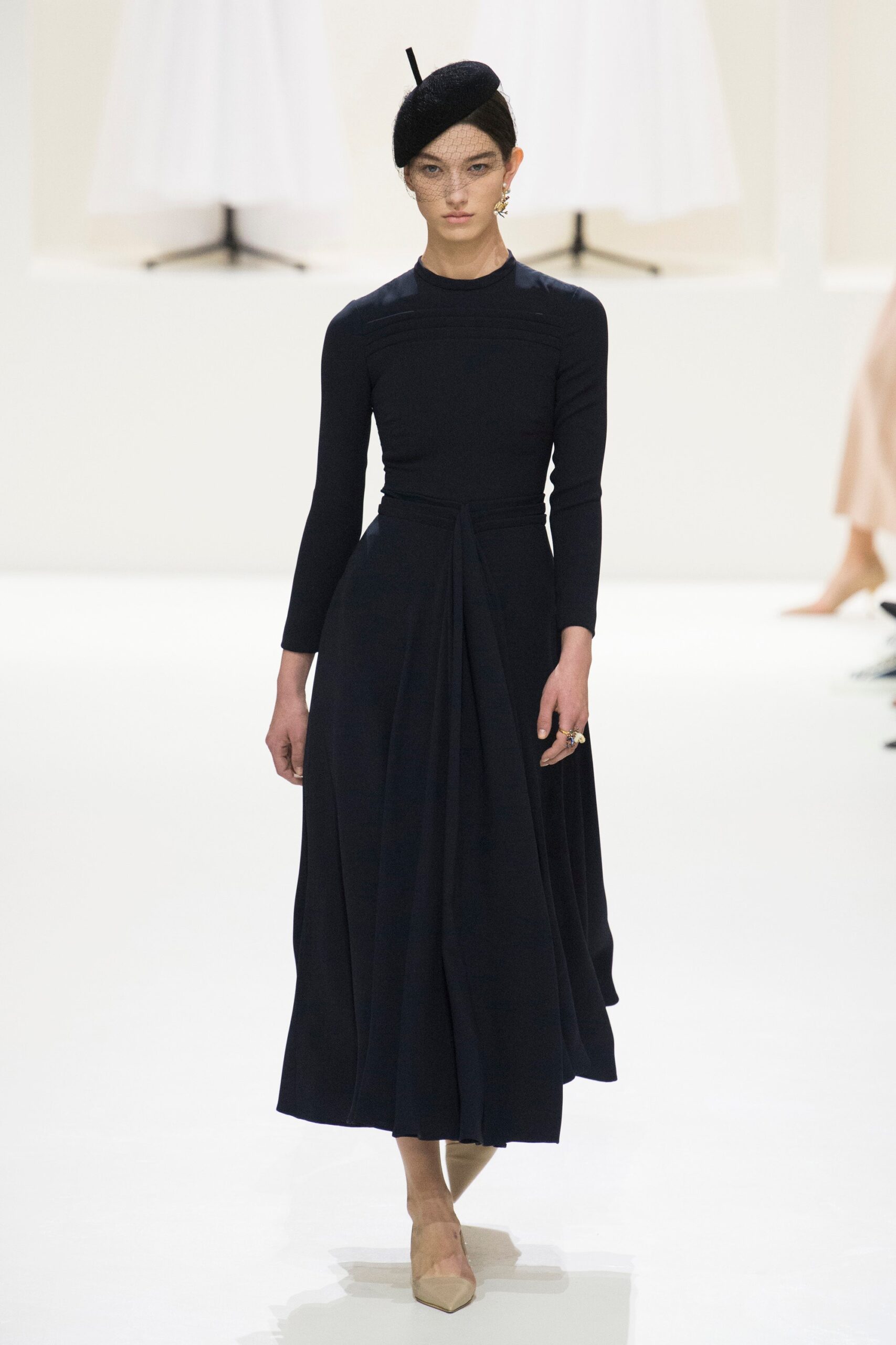 black jersey long-sleeve high-neck fitted draped belted maxi-dress