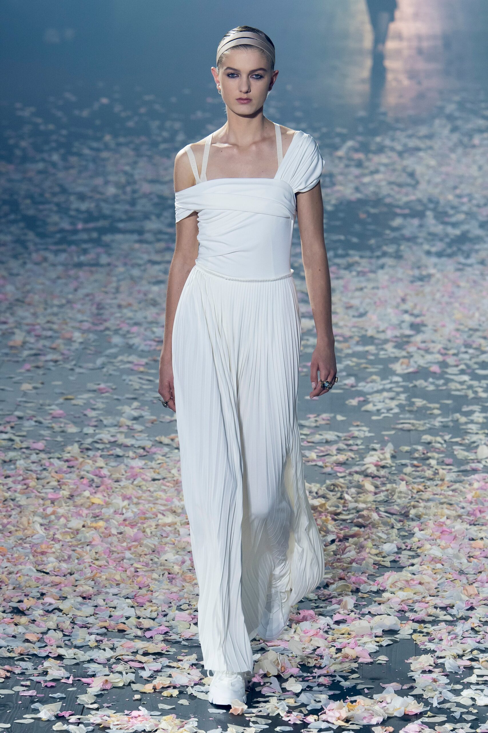 white crepe off-shoulder square-neck pleated draped flowing jumpsuit