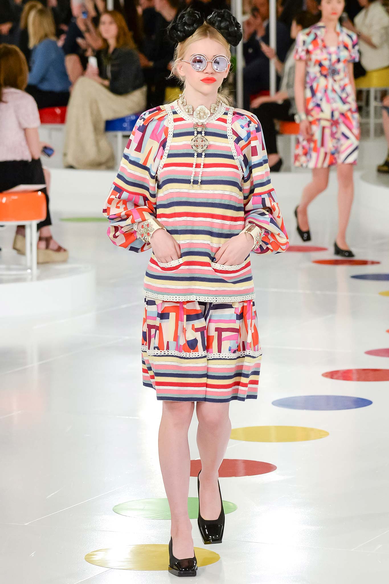 multi unknown long-sleeve high-neck striped printed midi midi-dress