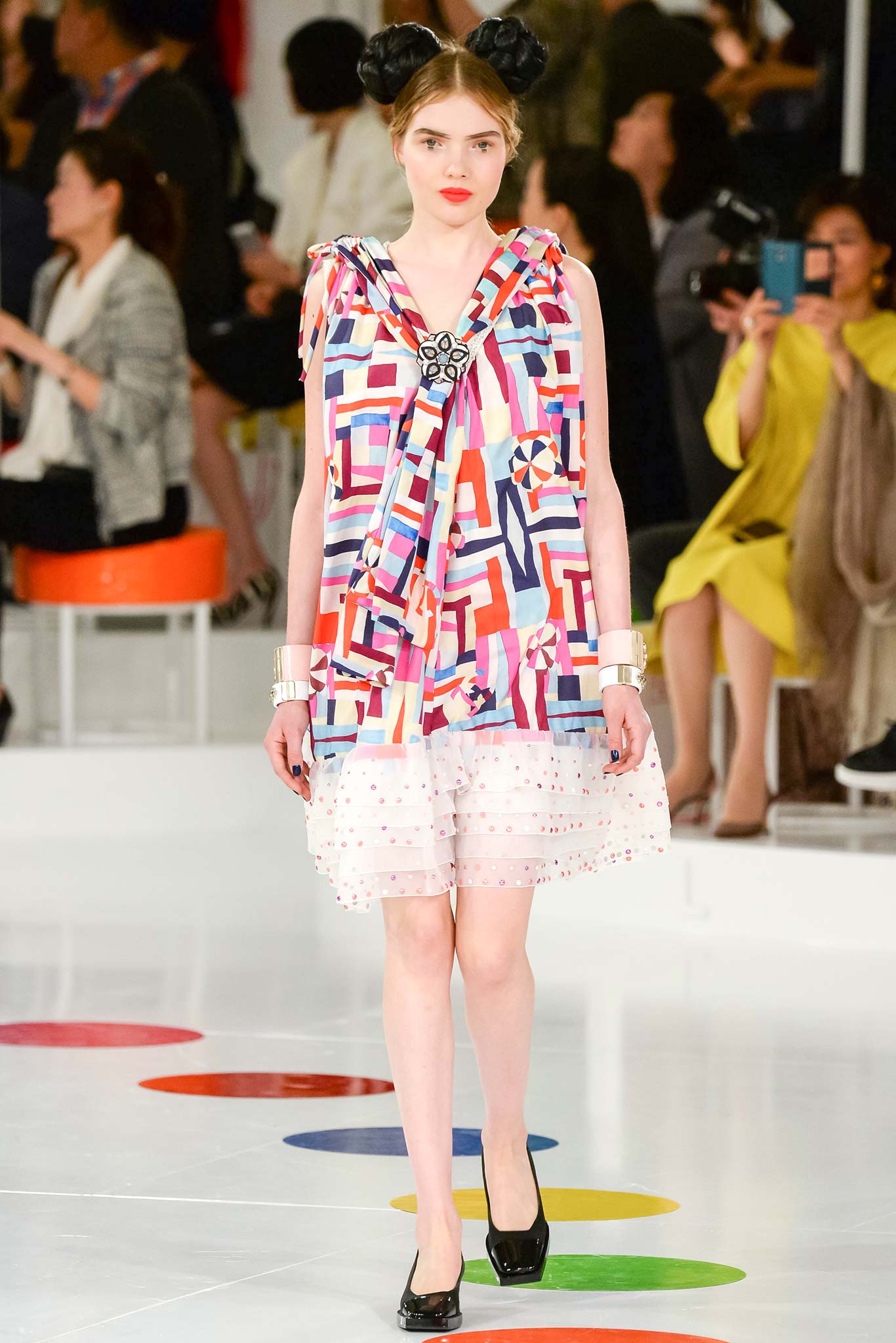 multi chiffon sleeveless v-neck printed ruffled mini-dress