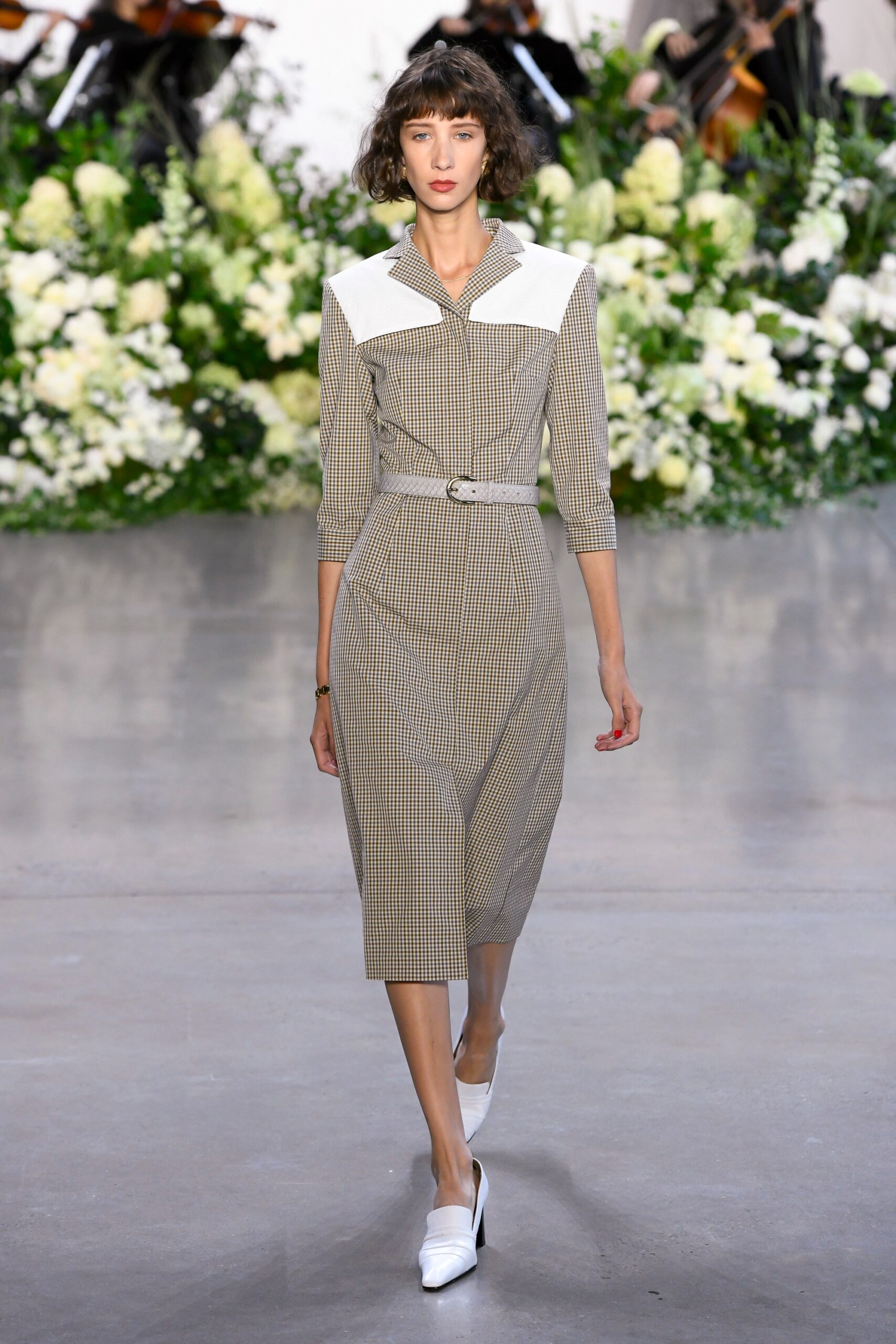 checked belted midi dress with contrast yoke
