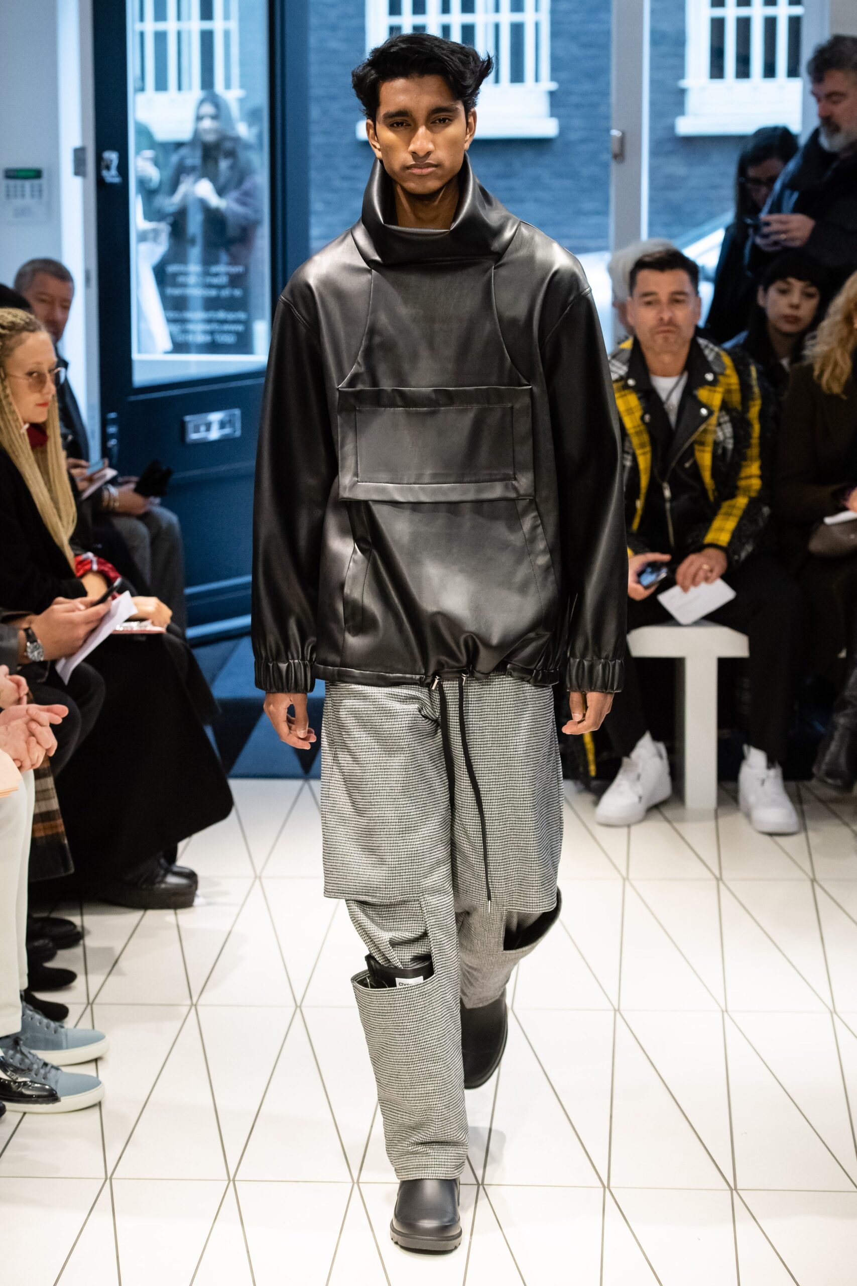 black leather funnel-neck hoodie