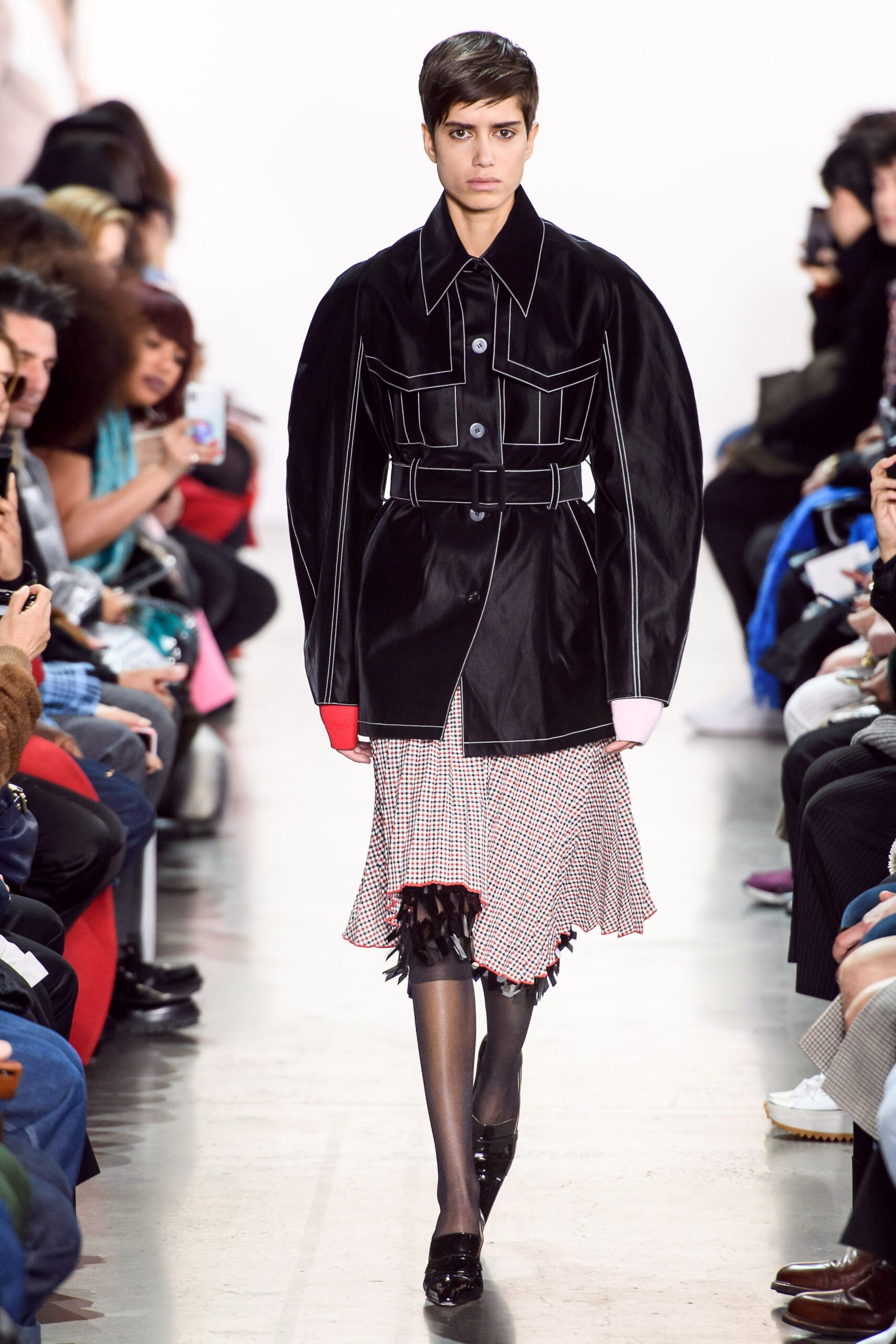 belted black leather contrast-stitch coat