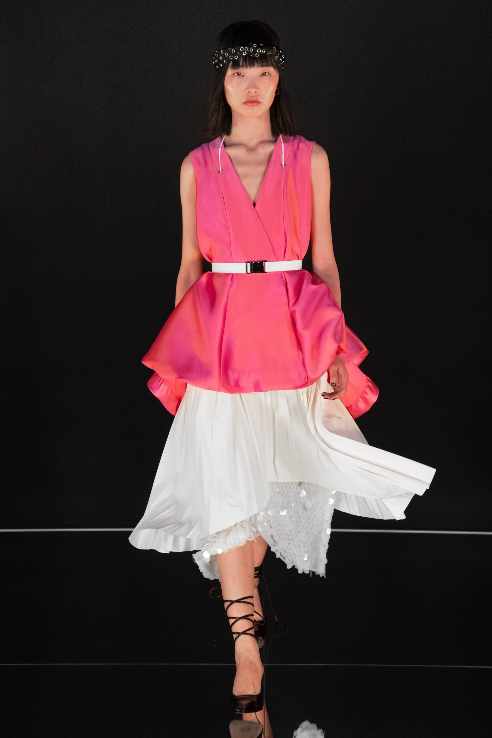 pink bubble-hem belted dress