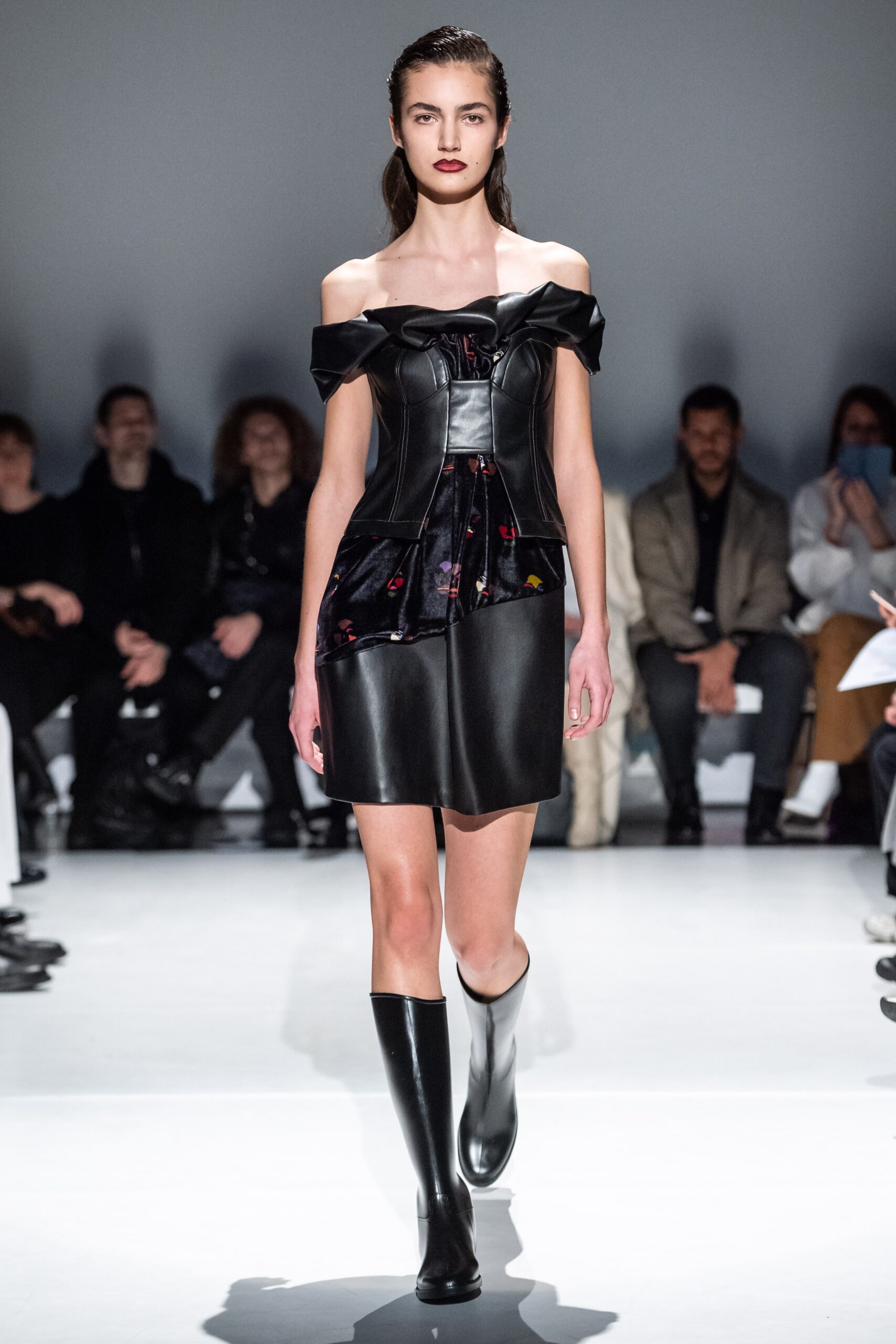 off-shoulder leather mini dress