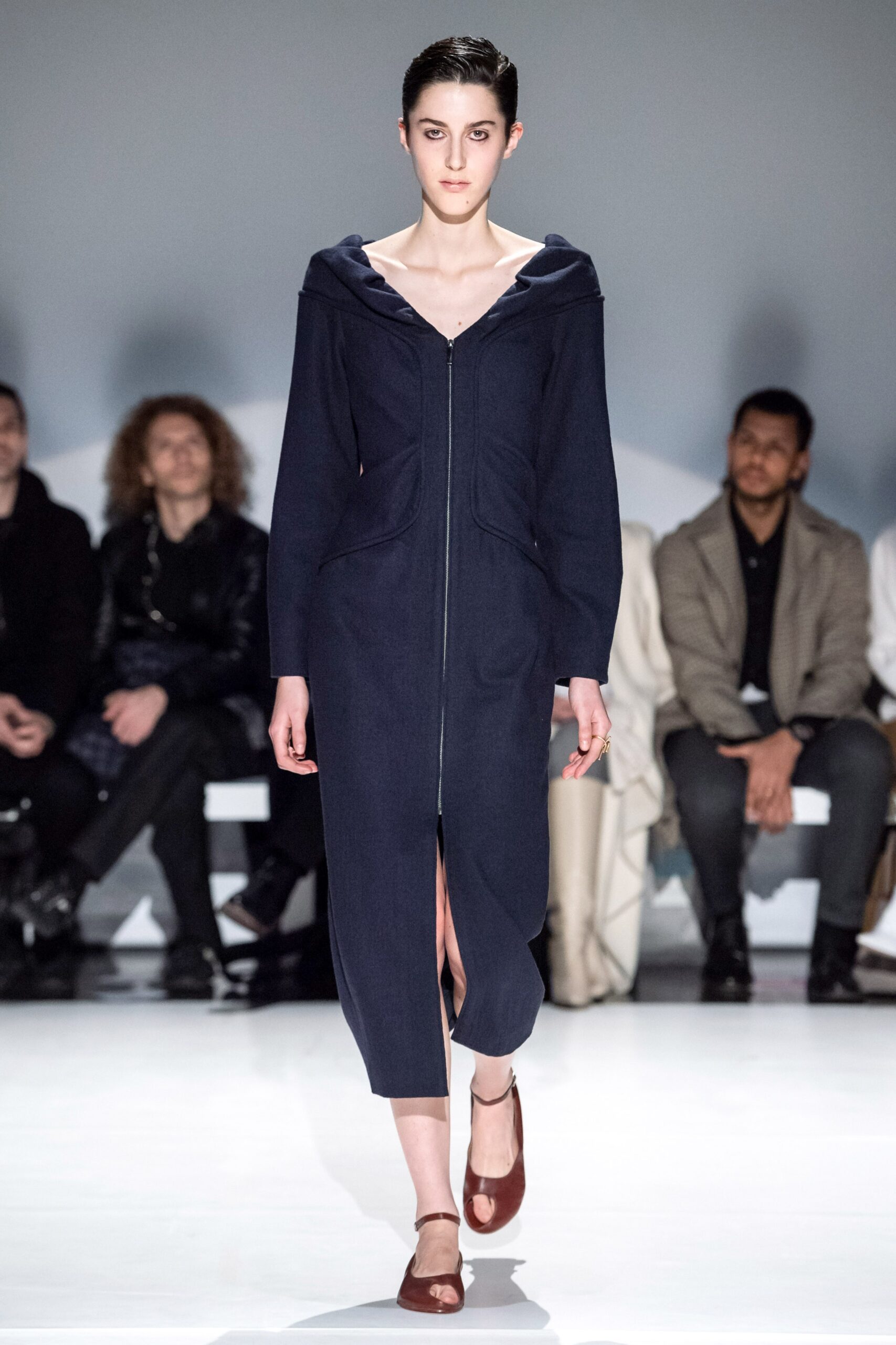 hooded zip-front midi dress