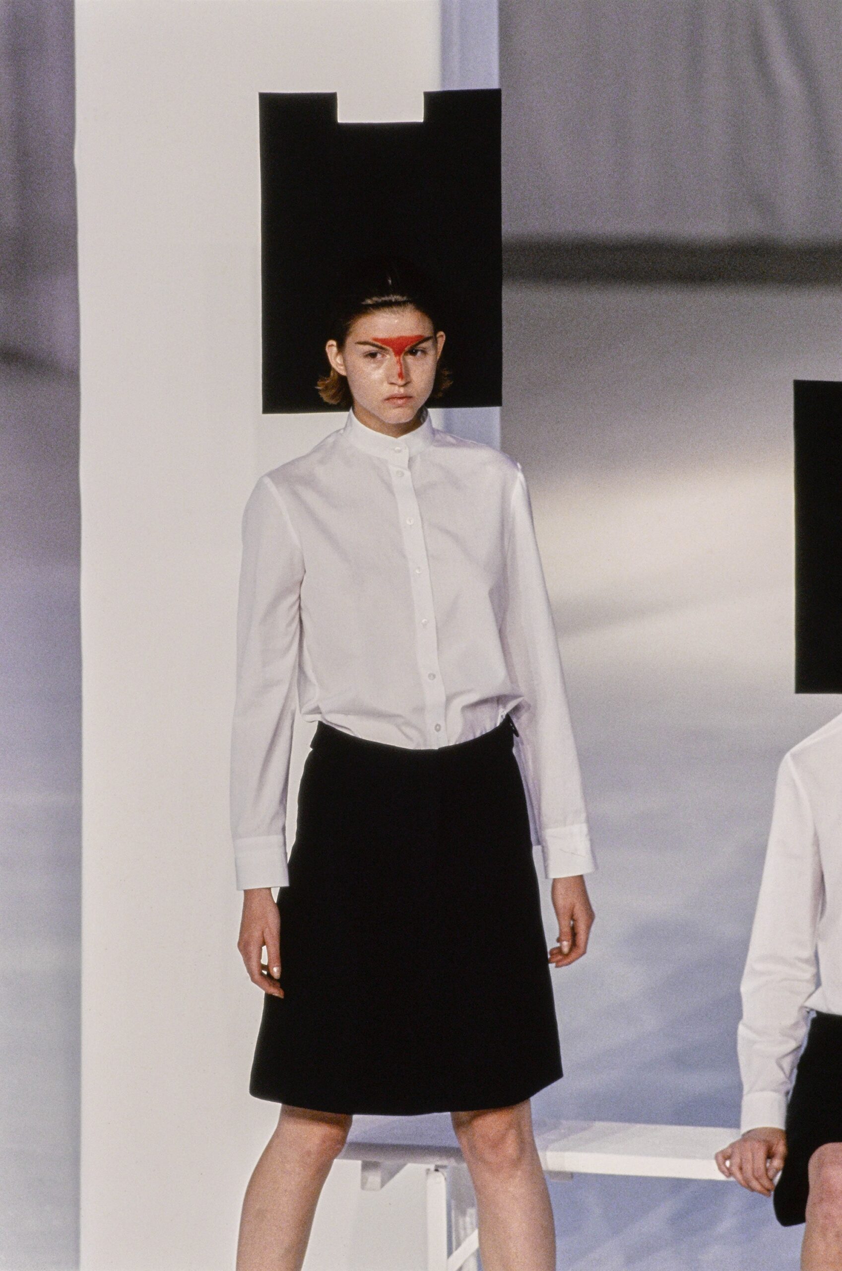 white band-collar button-front shirt