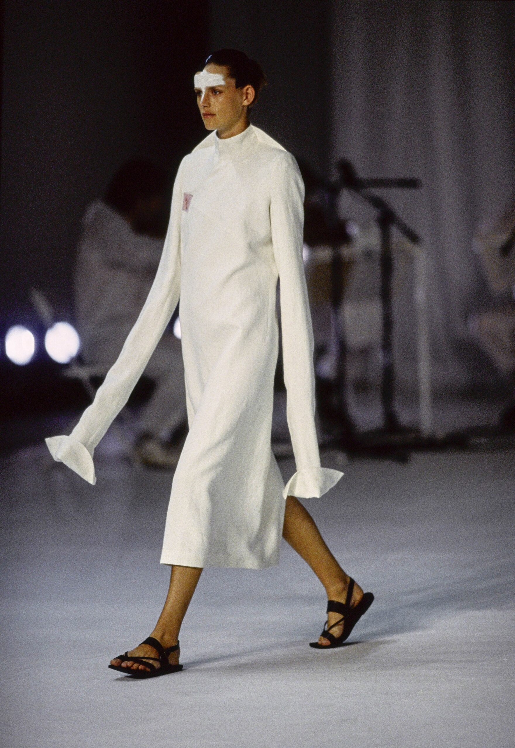 high-neck ivory knit midi dress
