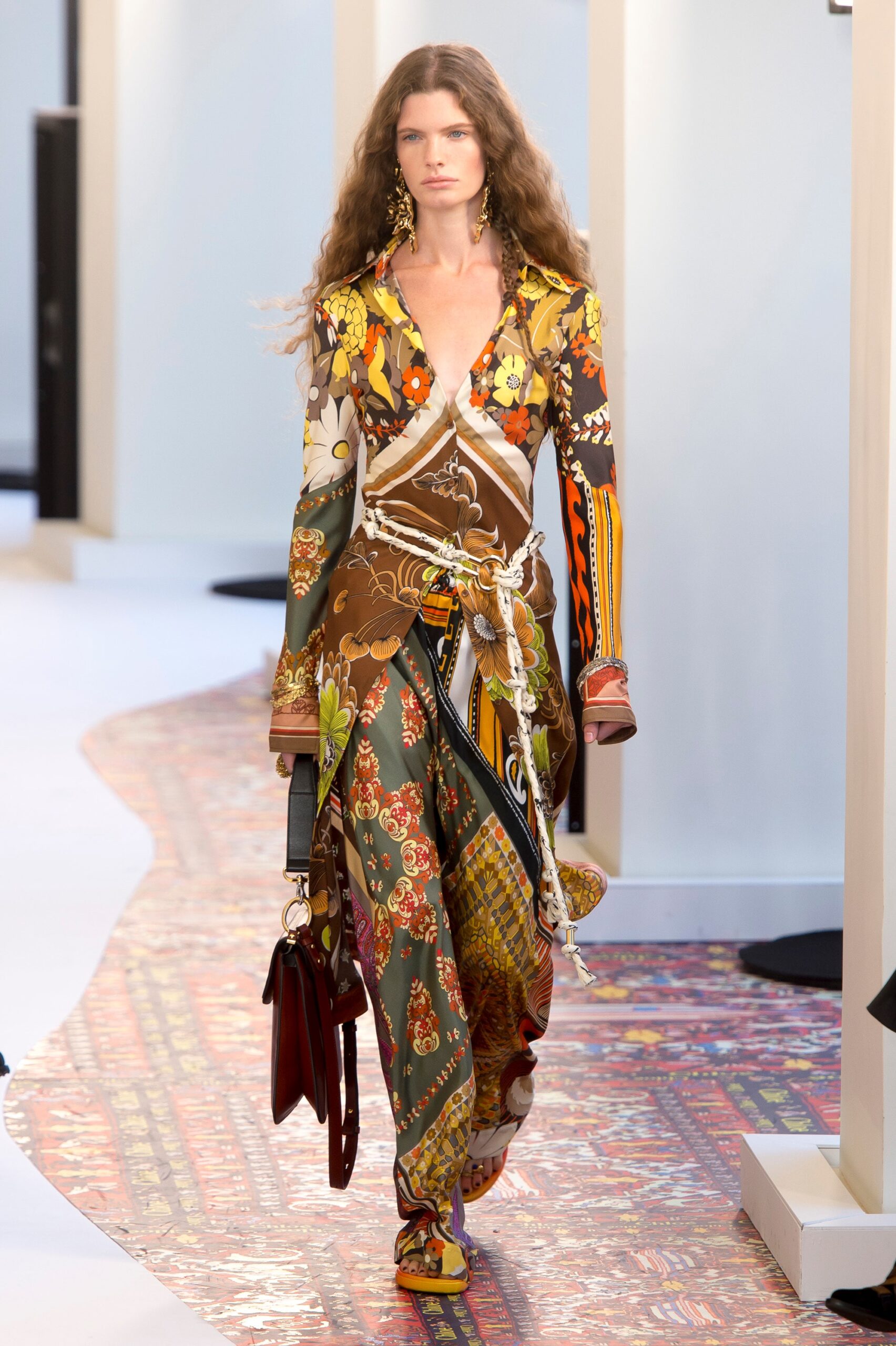 multi silk long-sleeve collared fitted printed draped maxi-dress
