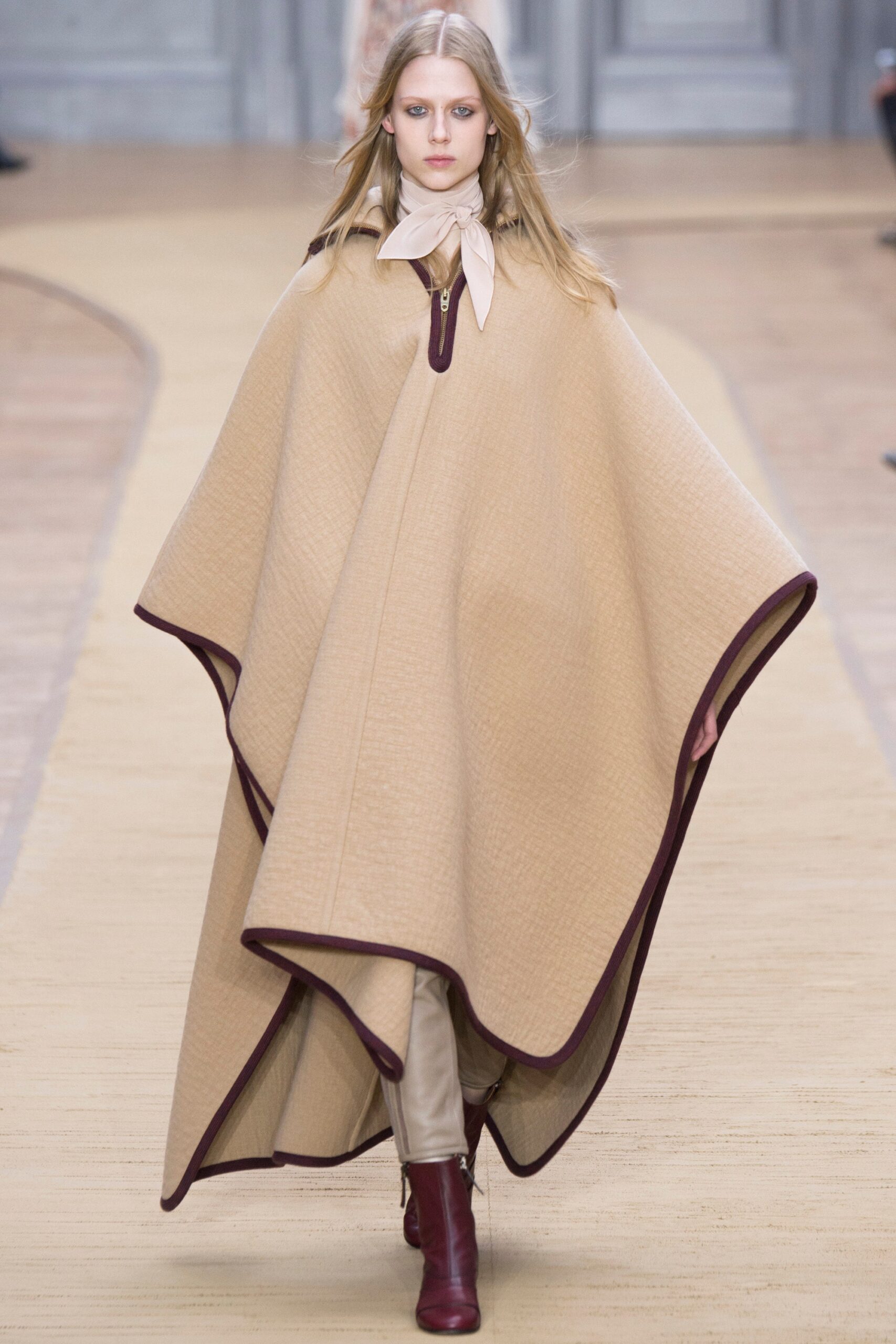 beige wool high-neck oversized zippered textured maxi poncho