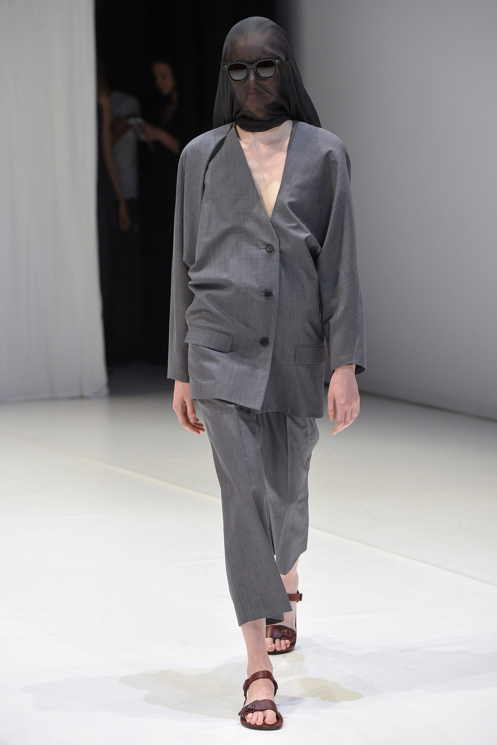 gray draped lapel blazer