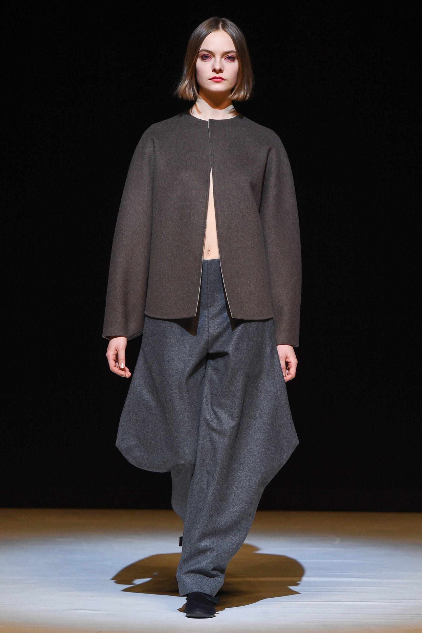 collarless brown wool jacket