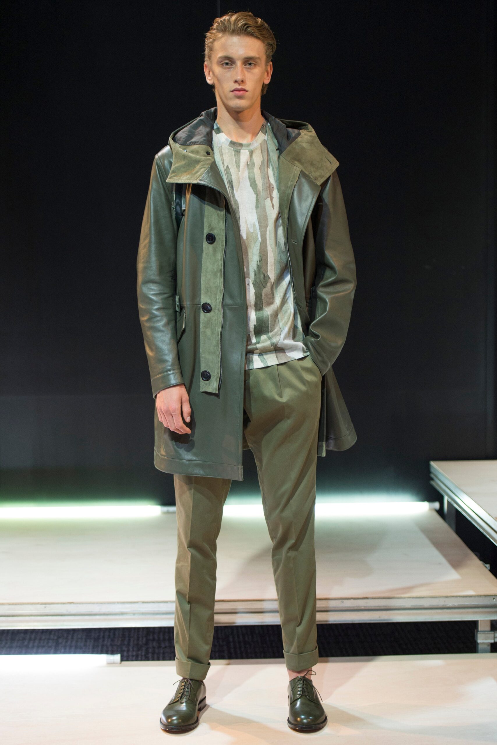 green hooded leather trench coat
