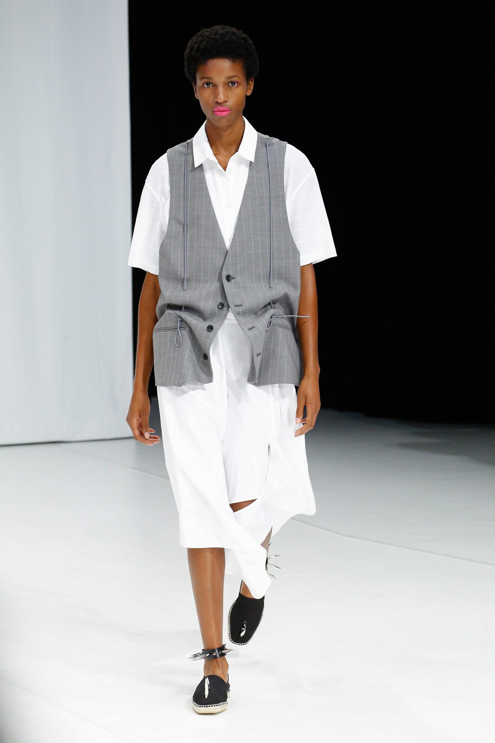gray pinstriped utility vest
