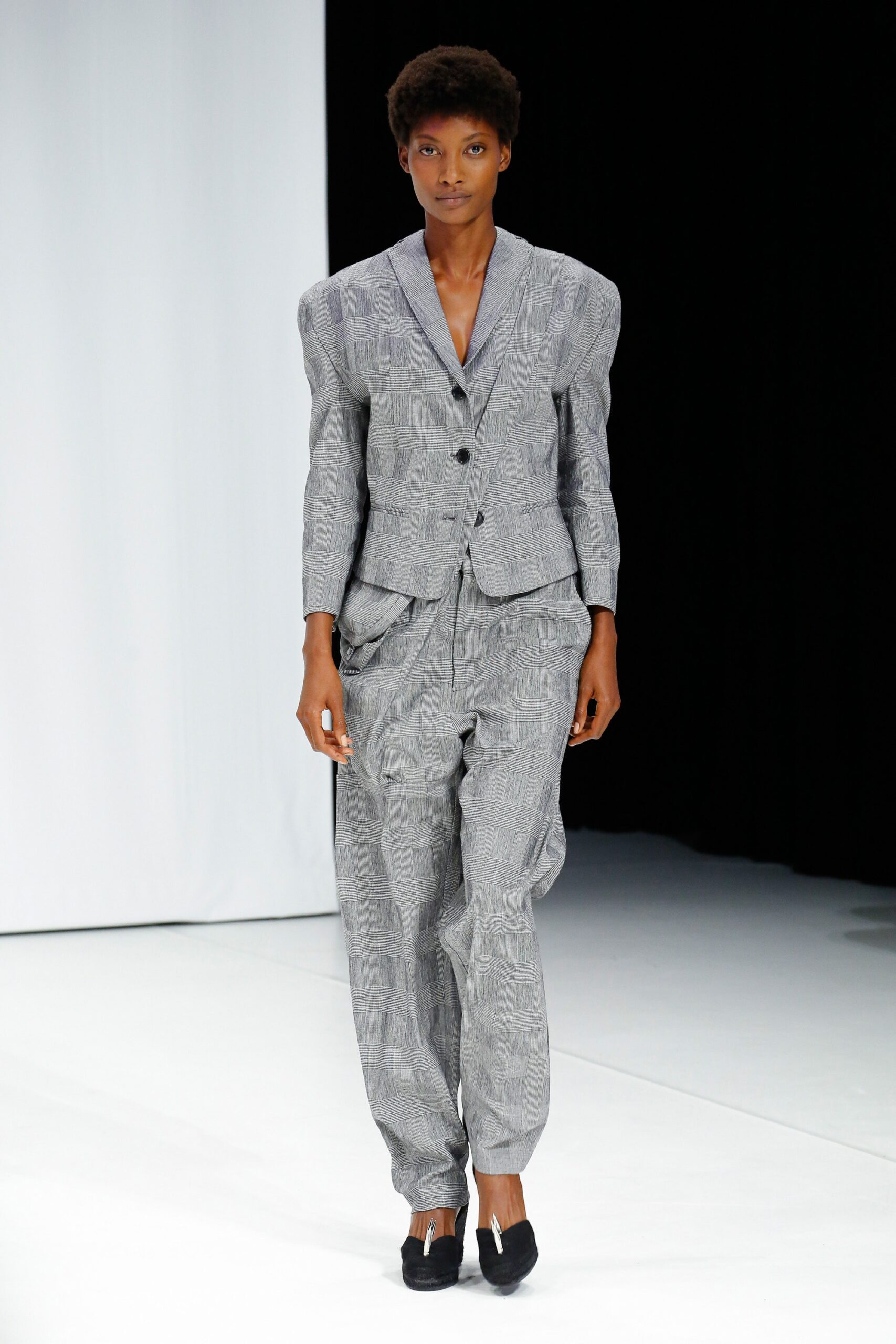 gray checked sculptural blazer