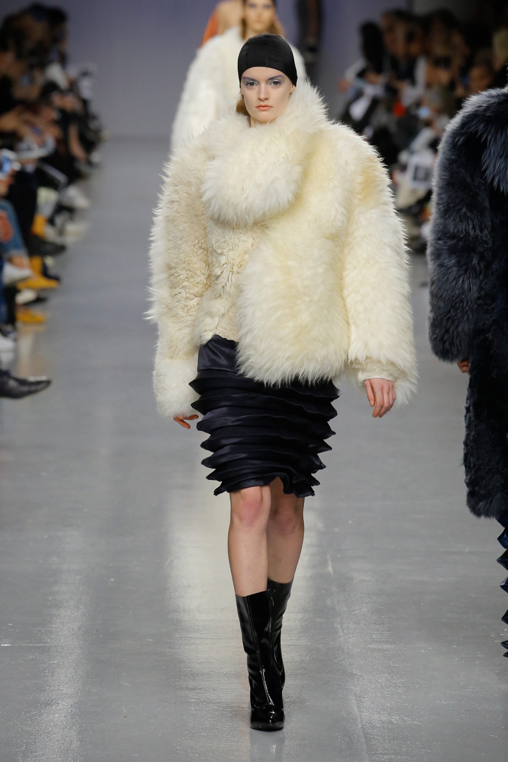 ivory fur jacket with ruffled skirt