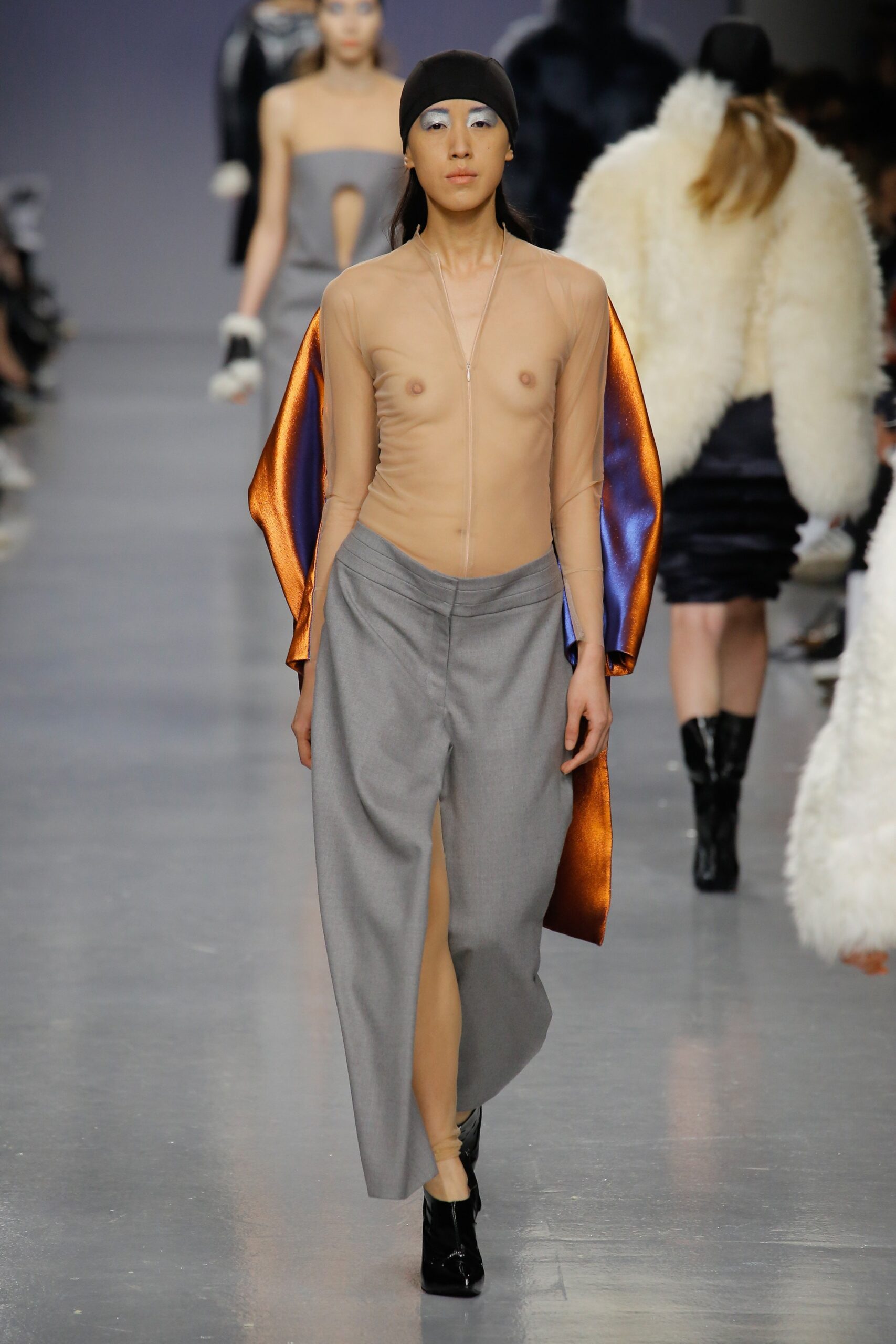 sheer zip-front bodysuit with cape