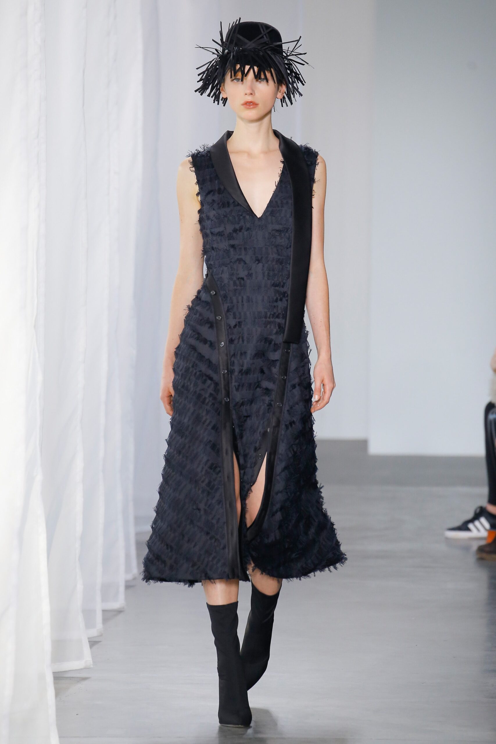black fringed tuxedo midi dress
