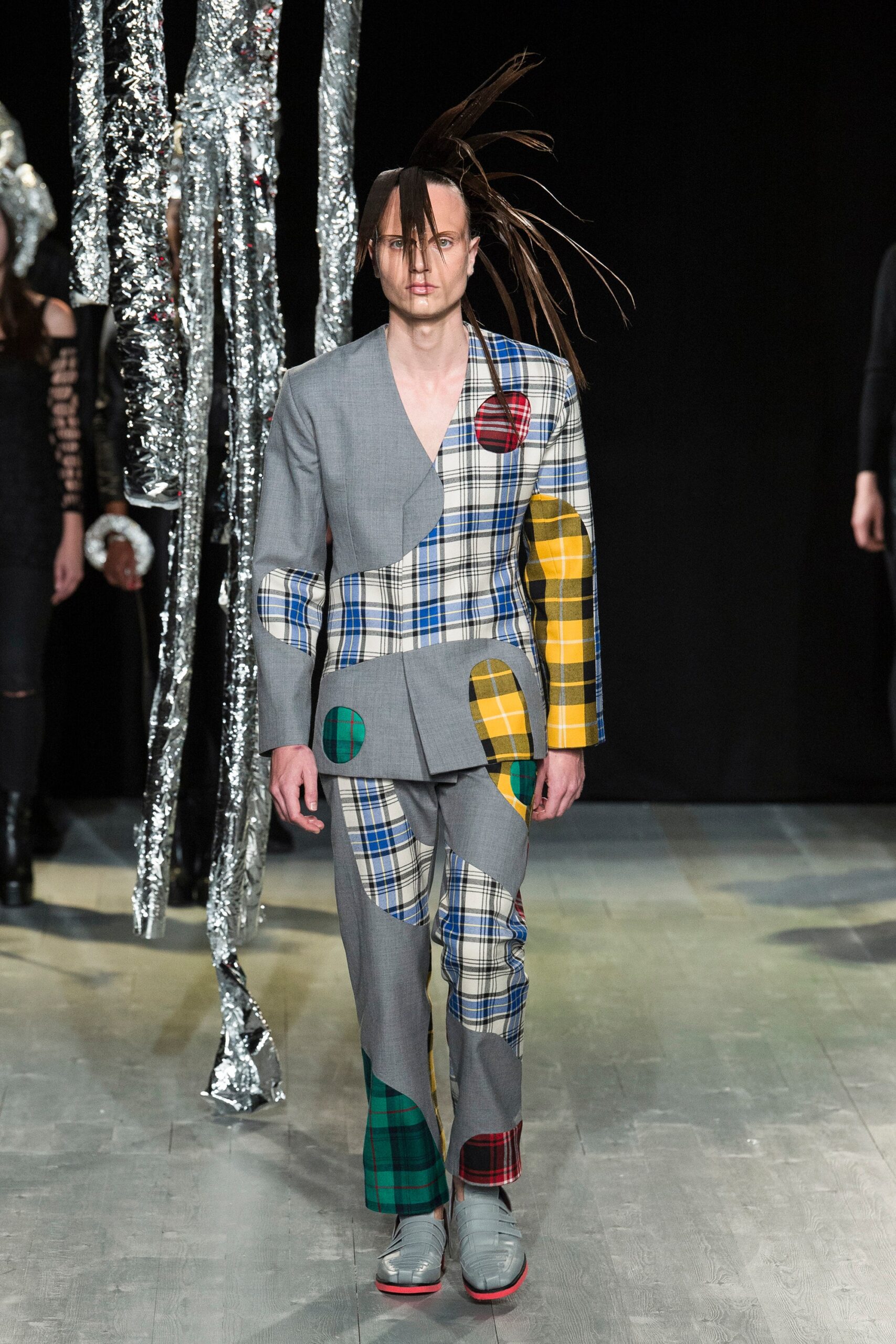 gray wool tailored checked patchwork pants