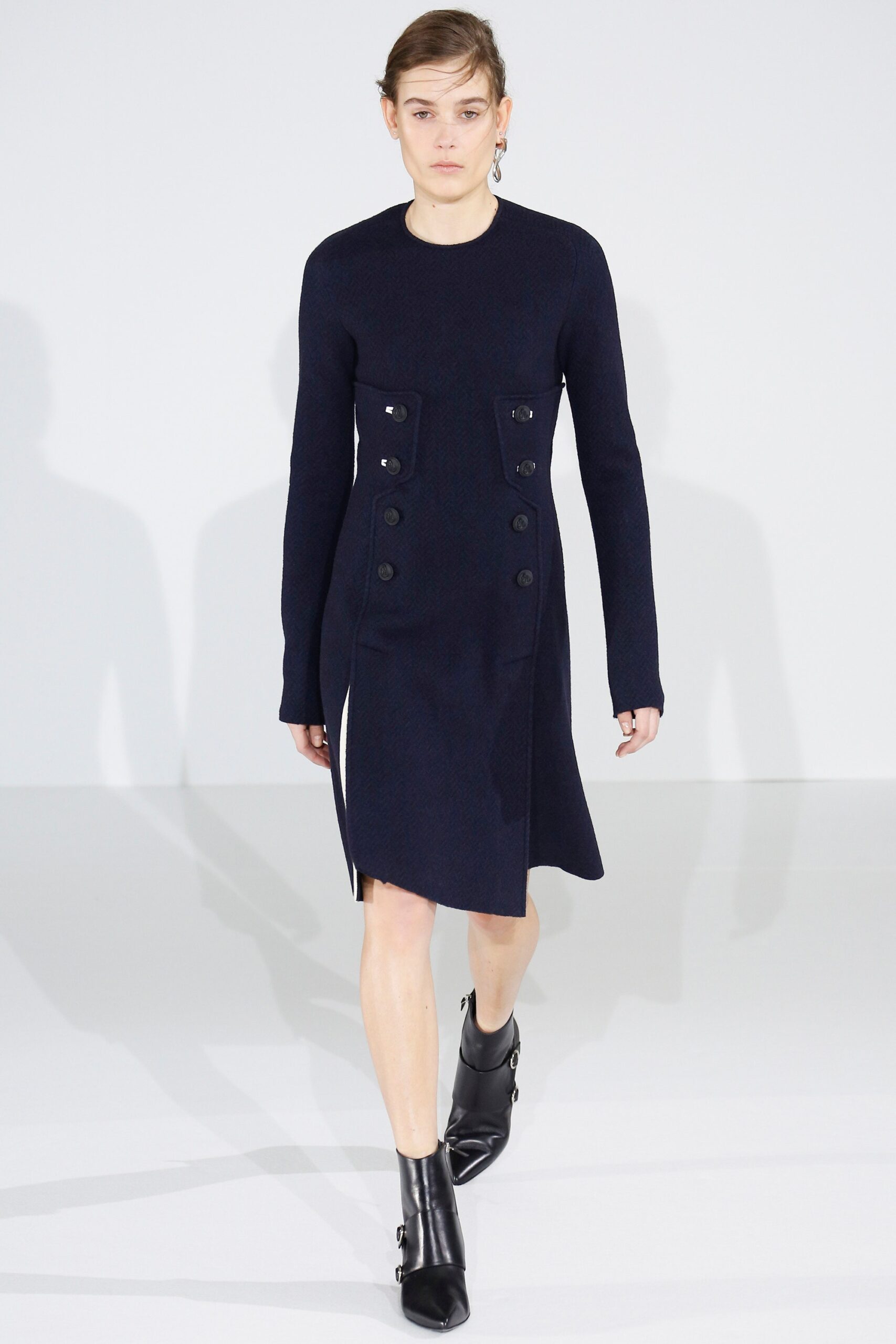 blue unknown long-sleeve high-neck fitted buttoned a-line midi-dress