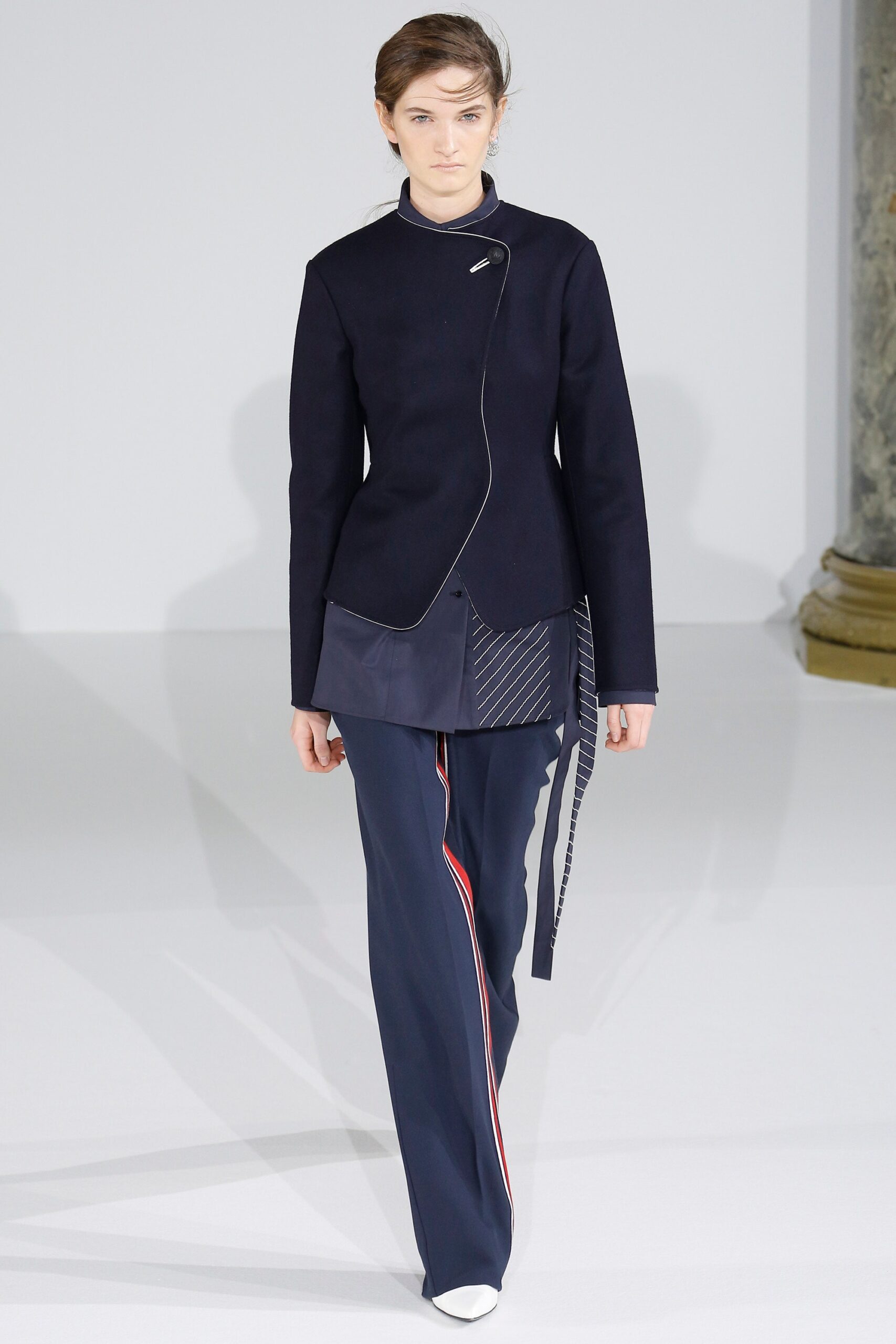 asymmetric piped navy jacket