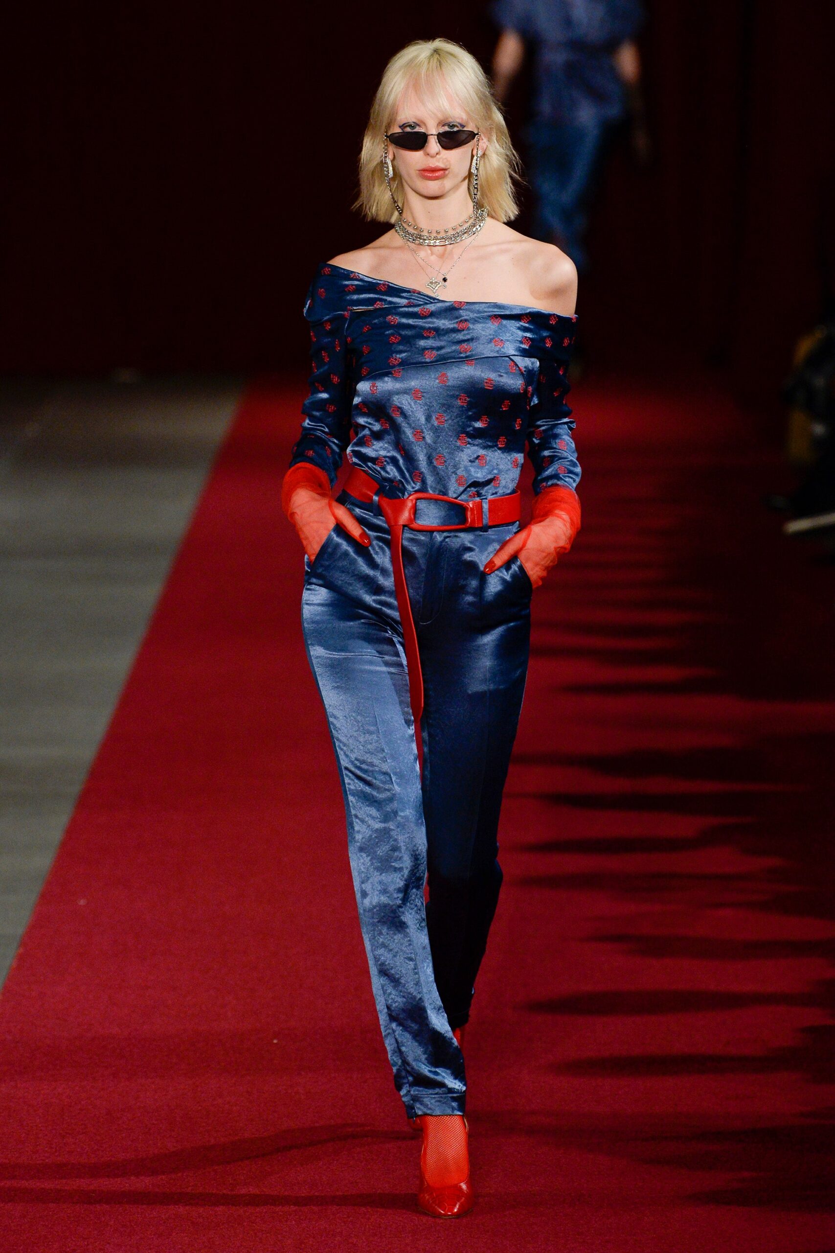 off-shoulder satin monogram jumpsuit