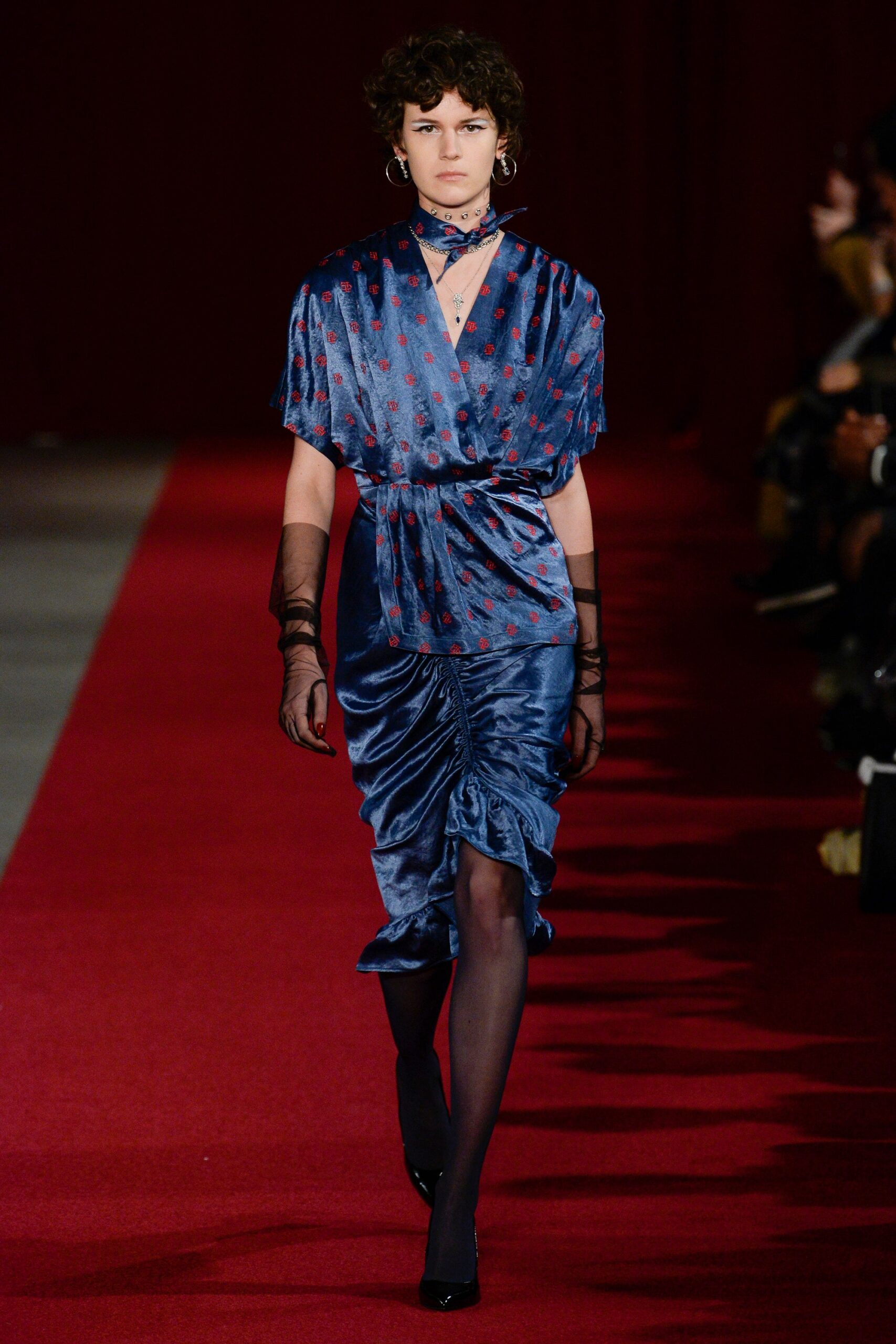 blue satin wrap blouse