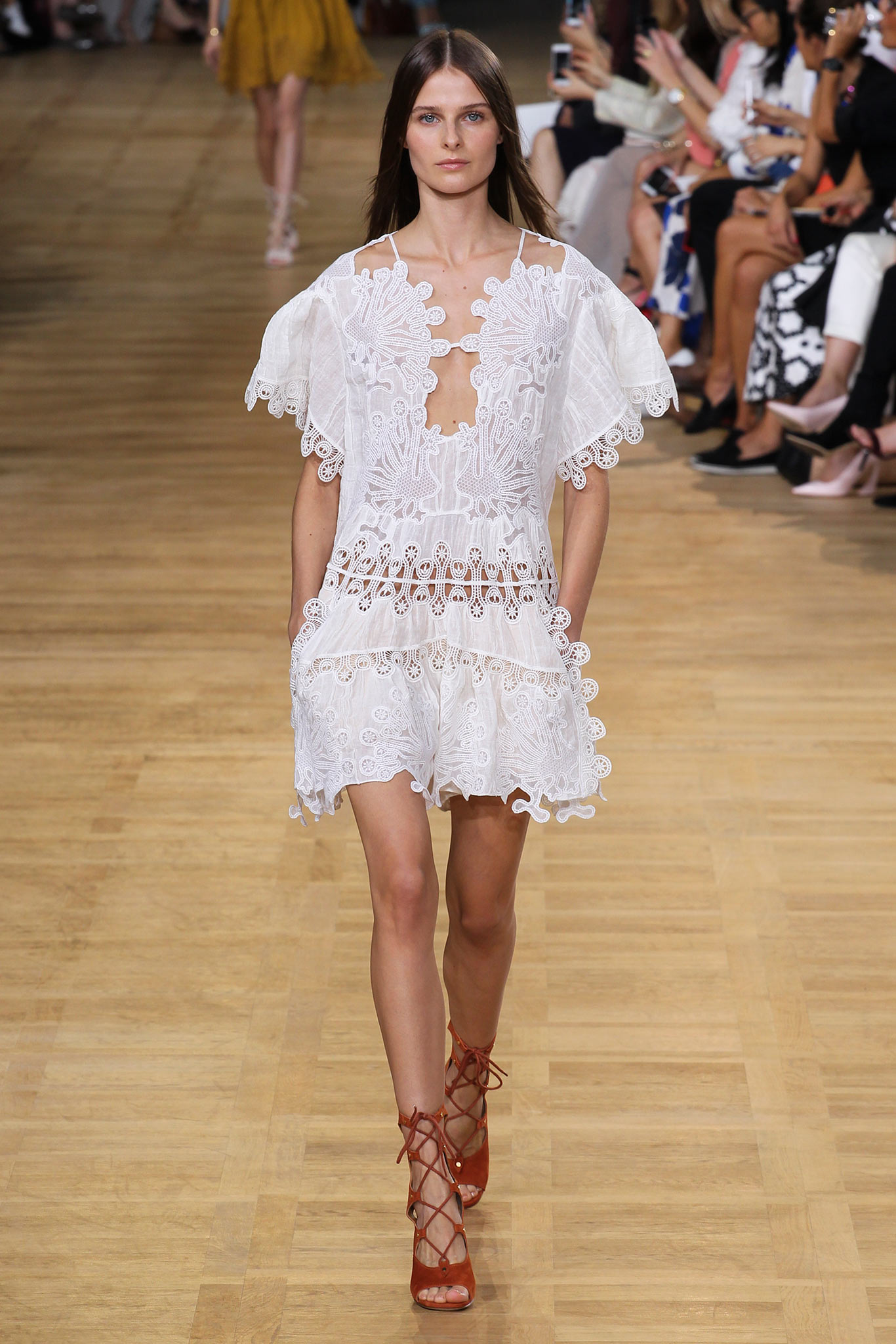 white lace spaghetti-strap v-neck embroidered ruffled mini-dress