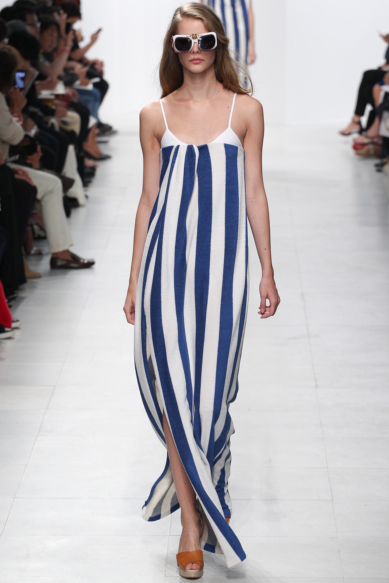 blue knit spaghetti-strap scoop-neck relaxed striped draped maxi-dress
