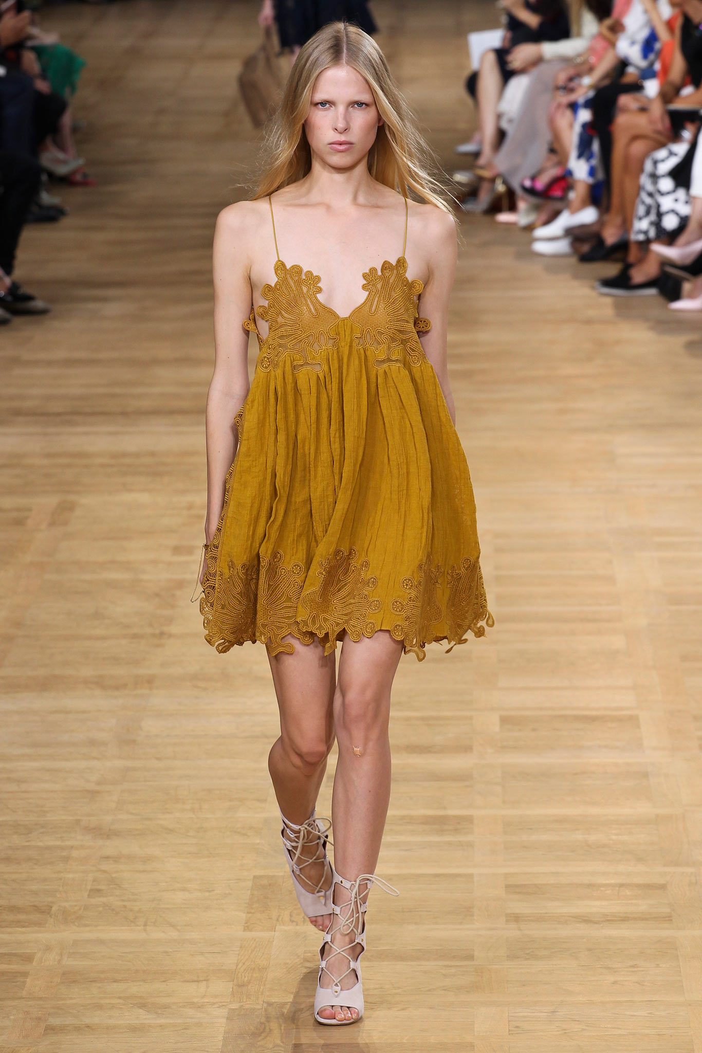 yellow chiffon spaghetti-strap v-neck embroidered draped mini-dress