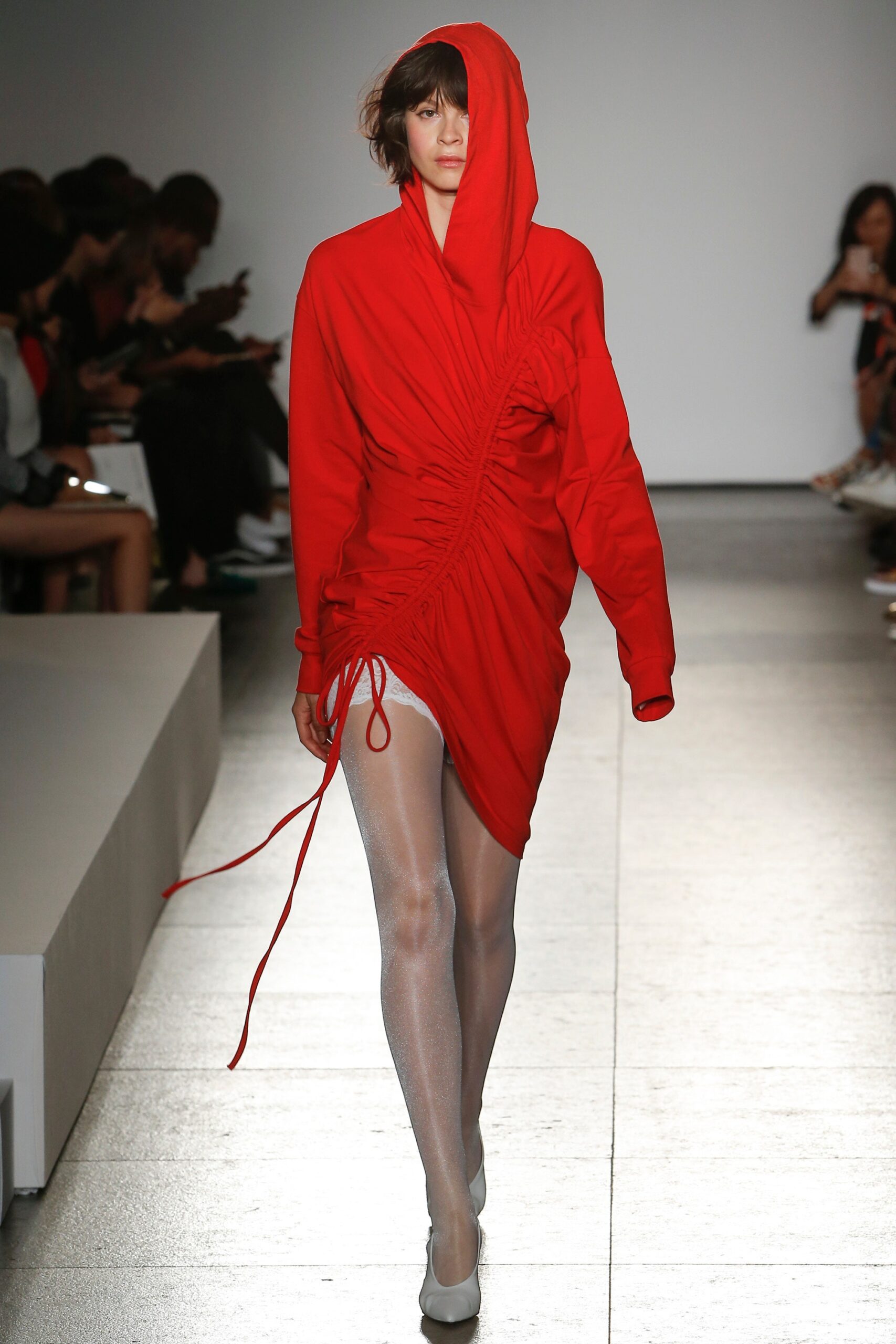 red hooded ruched mini dress