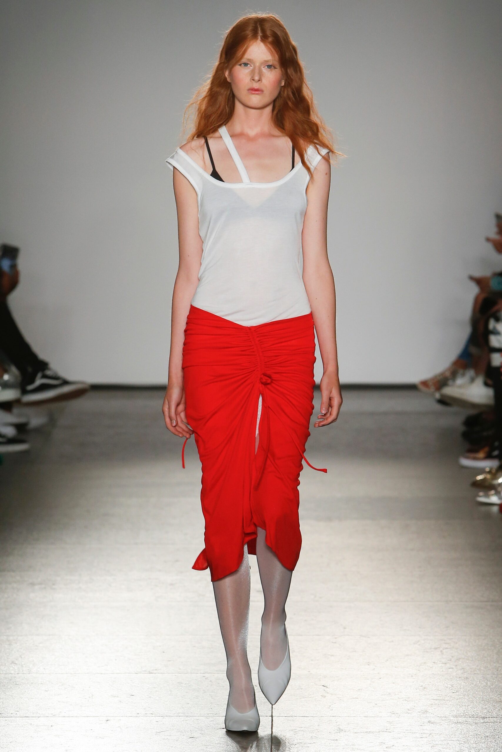 red ruched sarong midi skirt