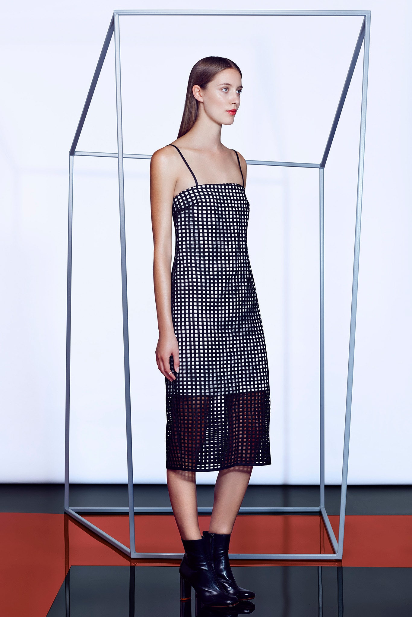 black grid mesh midi dress