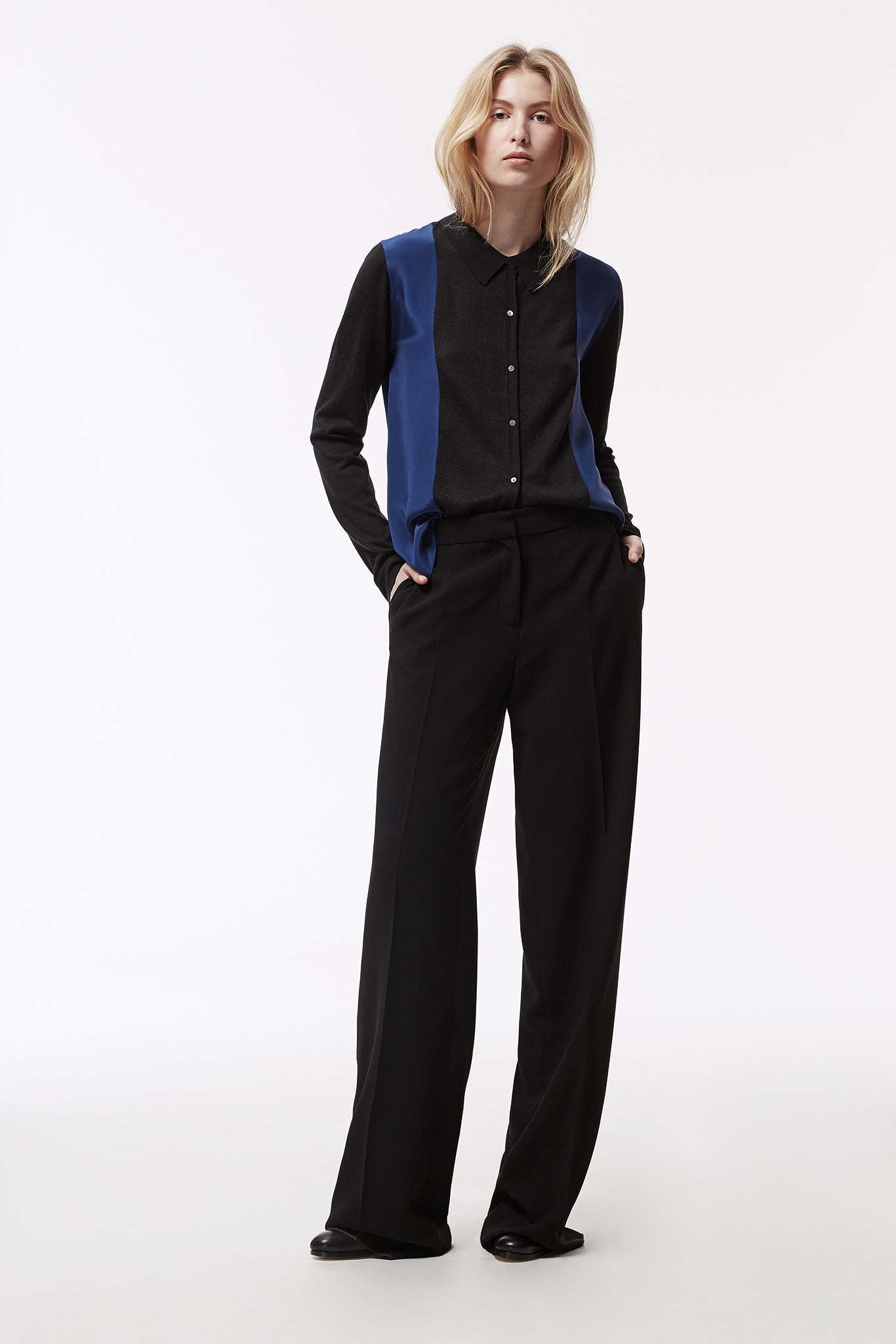 blue and black color-block shirt