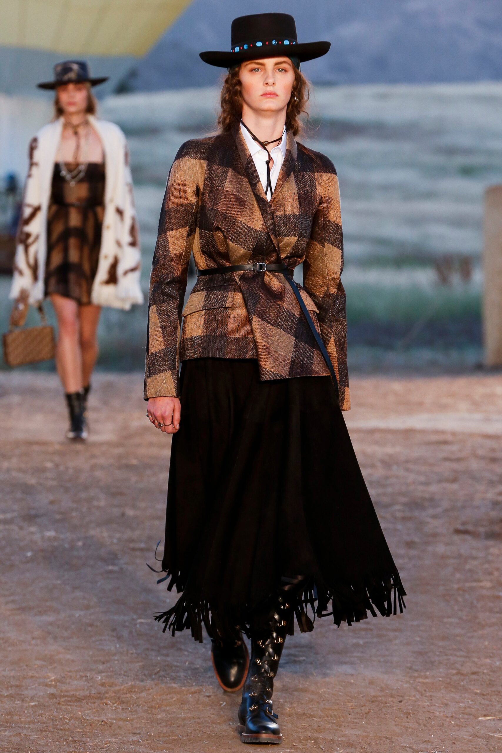 brown knit long-sleeve collared tailored checked belted blazer