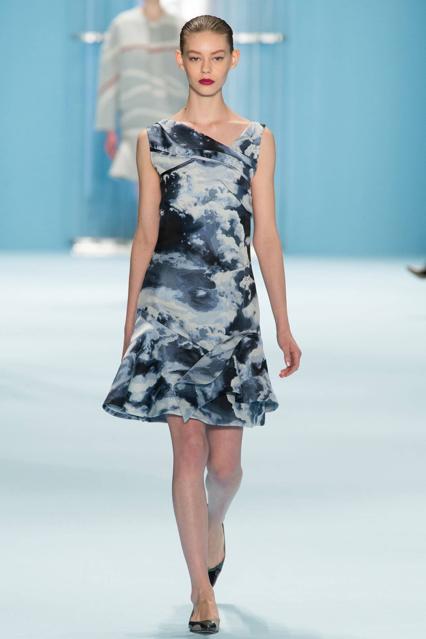 blue satin sleeveless asymmetric fitted printed ruffled dress